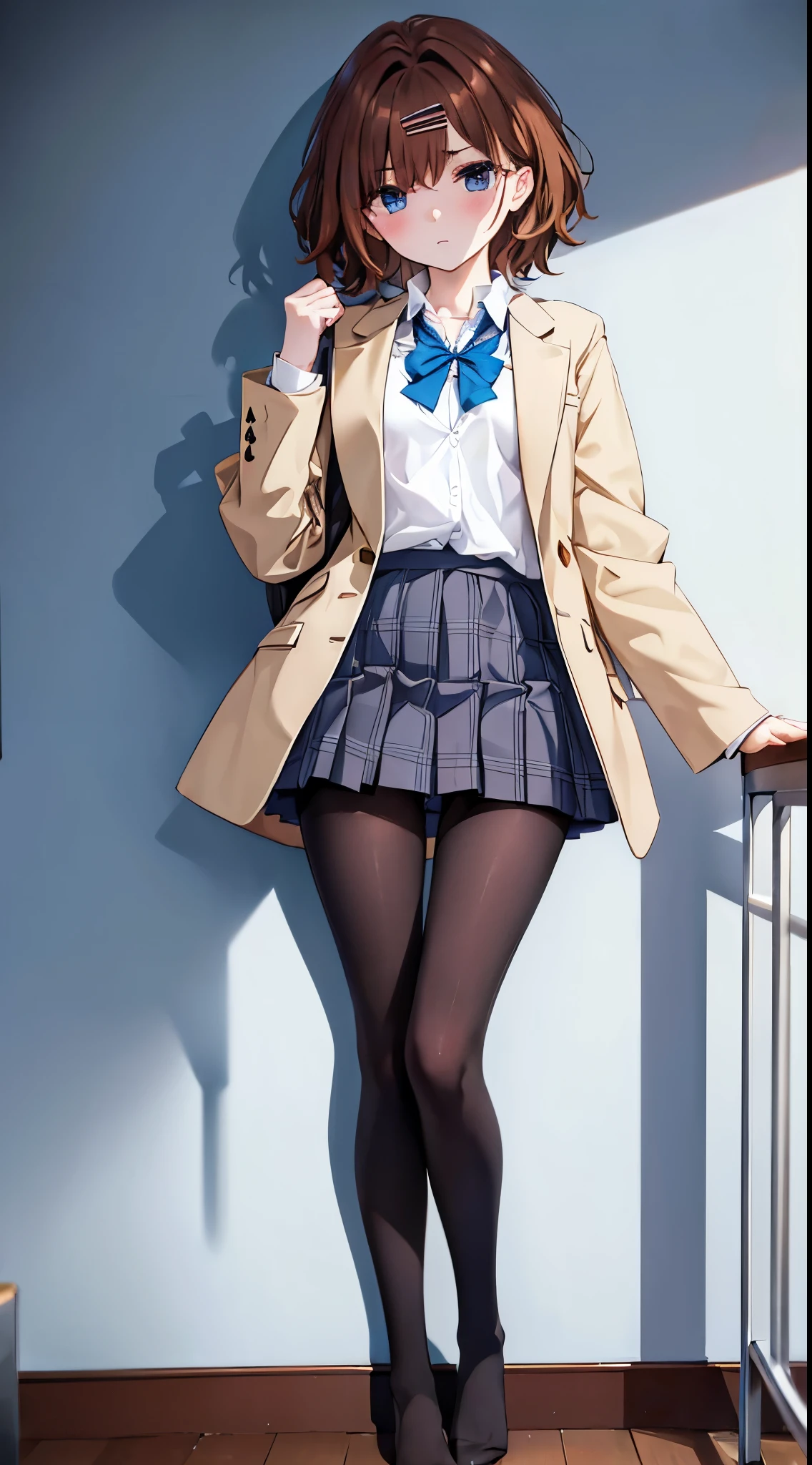 Finest, masterpiece, high definition, (full body), frontal, symmetrical, mature high school girl, solo, (full body from head to toe), small breasts, long hair, slightly messy hair, (black tights), ( (black pantyhose), black pantyhose, composition showing white panties, slender beautiful legs, a very beautiful -yeld gi(not wearing shoes) legs), blushing, shy big eyes, (short (brown hair)), (bangs), messy hair, (hair clip), looking at camera, showing white panties, white frilly lingerie, high school uniform blazer, high school uniform White blouse, high school uniform with blue ribbon, high school uniform with short plaid pattern and navy pleated skirt