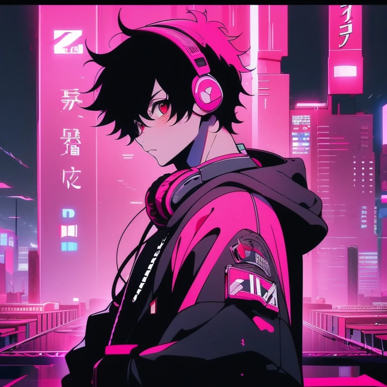 (short-cut), (Two-block hair), (vivid pink hair), (Red Eyes), (Cool pose), (of the highest quality), (​masterpiece), (ultra-detailliert), (Oversized hoodies), (Street), (neons), (Camera from a down angle), (Modern City), (neonsデイライト), (Cinematic), (Stylish), (hight resolution), (Hyper Detailed), (Looking at the camera), (Anime-style), (Softtown), (nightcore), (Handsome male character), (Listening to music through headphones), (natural appearance of the building), (casual), (ig studios anime style), (Super beautiful angle of view),