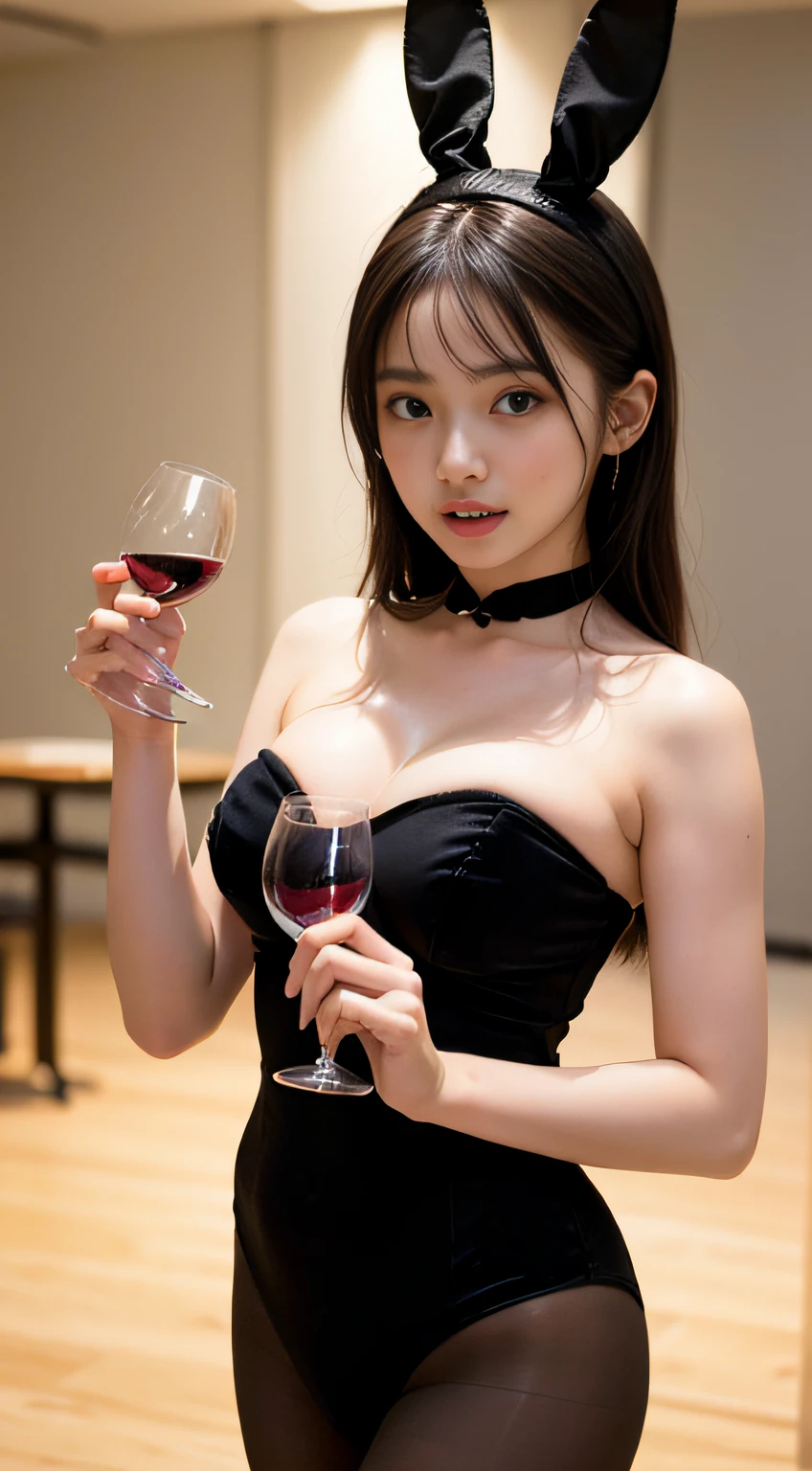 (8K, RAW Photos, of the highest quality, Masterpieces), High detail RAW color photo professional photograph, (Realistic, Photorealism: 1.37), (Highest Quality), (Best of darkest illustrations), ((Cute, Beautiful, Ultra High Resolution, High Definition CG Unified 8K Denden Wallpaper, Physically Based Rendering, Movie Lighting), analog style, Elegant, grateful, UHD 8K, Digital SLR, FujifilmXT3, Vibrant, Candid, Dramatic immersive sunset, (Detailed face, Skin Texture), Film grain, Natural light, looking in camera,(Idol face), (1 japanese girl),((a photo of girl, 16 yo)), ((long:1.4)),((black linen velvet bunny earband:1.4))、((linen velvet strapless leotard:1.4)), ((Black, rough mesh pantyhose:1.4))、((black wrist cuffs:1.4)),(thick thighs), ((Looking at Viewer:1.1)),((Cowboy Shot)),so sexy, Very beautiful, very very kawaii, ((work as a waiter in a club:1.4)), wakame、((terrified expression:1.4))、((hold out a wine glass:1.4))