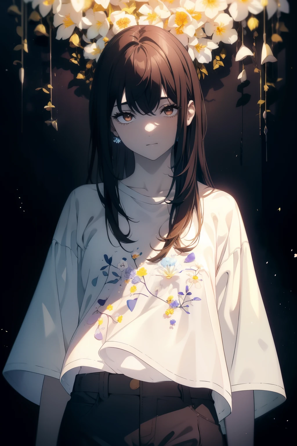 ((((Obra maestra, La mejor calidad, ultrahigh resolution)))), 1girl, standing, (baggy white t-shirt, loose fitting blue shorts), long back hair, long dark black hair, pale skin, ((shining brown eyes)), ((ultra detailed eyes:1, beautiful and detailed face, detailed eyes:0.5)), empty eyes, smile, (((darkness, LSD flowers, beautiful lighting)))