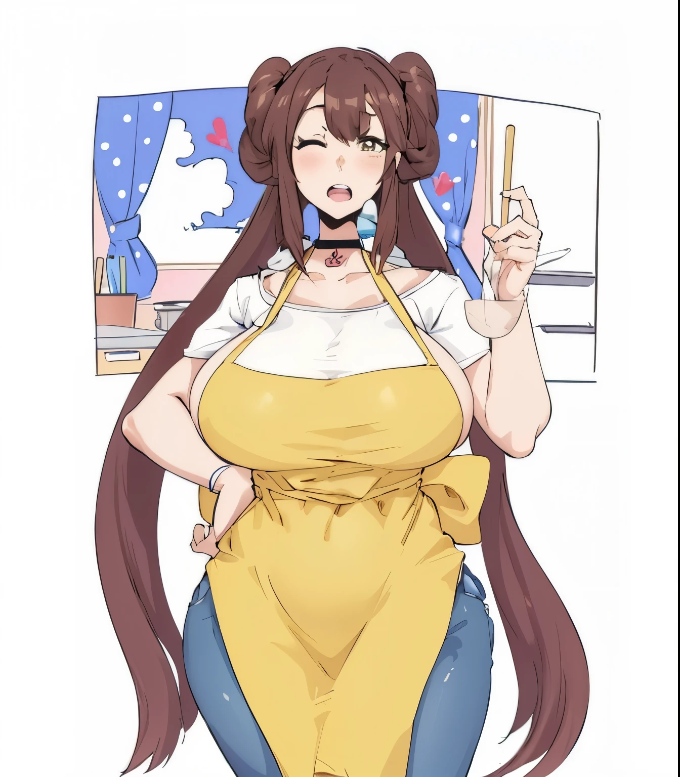 anime girl with long brown hair wearing yellow apron and holding, oppai, (sfw) safe for work, anime moe artstyle, oppai proportions, thicc, cooking, vore art, small curvy , marin kitagawa fanart, with a large breasts, ecchi anime style, r/art, r /art, r / art, in the kitchen, One eye closed and one eye open