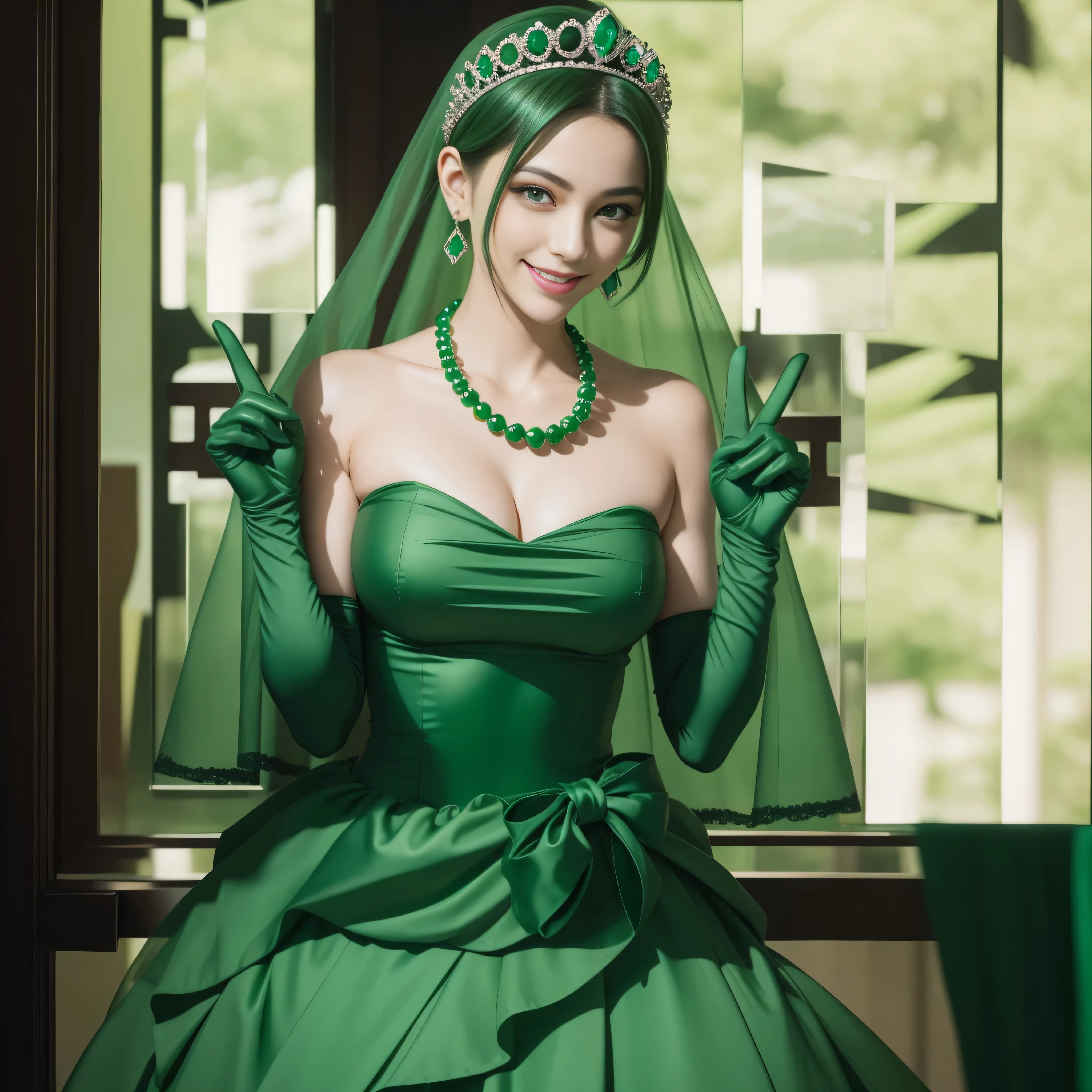 emerald tiara, Green Pearl Necklace, Boyish very short green hair, lipsticks, Japan woman smiling, very short short hair, big breasts beautiful, Green eyes, Long green gloves made of satin material, Green eyes, Emerald Earrings, green vale, v sign