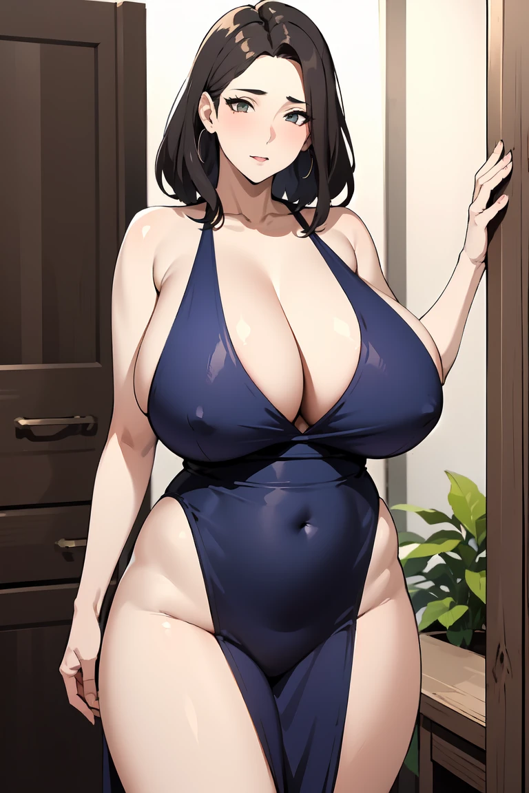 1girl, mature female, mature woman, milf, large breasts, standing, cleavage, skindentation, thick thighs, curvy, huge breasts, gigantic breasts, plump