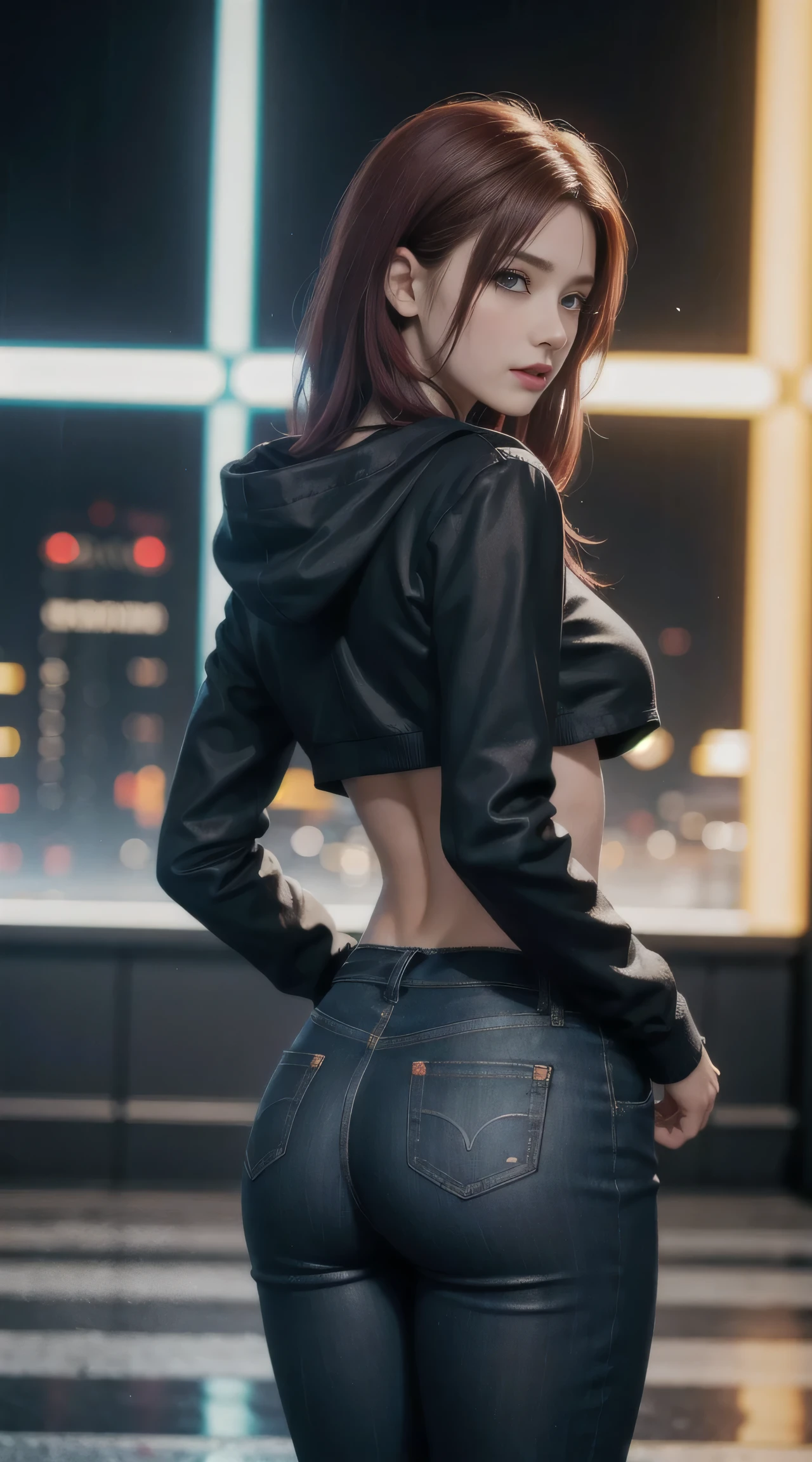 (best quality, masterpiece1.2), (detailed eye: 1.2), complex detail, depth of field, 1girl, urban environment, alley, short hair, straight chest, smooth ass, short, pink hair, red eyes, lights