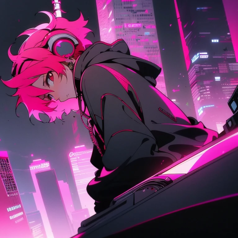 (short-cut), (Two-block hair), (vivid pink hair), (Red Eyes), (Cool pose), (of the highest quality), (​masterpiece), (ultra-detailliert), (Oversized hoodies), (Street), (neons), (Camera from a down angle), (Modern City), (neonsデイライト), (Cinematic), (Stylish), (hight resolution), (Hyper Detailed), (Looking at the camera), (Anime-style), (Softtown), (nightcore), (Handsome male character), (Listening to music through headphones), (natural appearance of the building), (casual), (ig studios anime style), (Super beautiful angle of view),