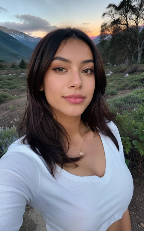 fotorrealista, La mejor calidad, Ultra - detallado, beautiful woman, Fotos Selfie, Parte superior del cuerpo, solamente, Uso de jersey, al aire libre, (Noche), mountain scene, La esencia de la vida real, Estrellas, luna, (Sonrisa fuerte、Cabello de color moreno、Sixteen、pechos grandes y alegres, alegreneseanie, Luces de flash, bosque, Rocas, Kali, madera, humo, Niebla densa, Cielo cristalino, analogue style, Ver el visor, textura de la piel, movie grain, cerrar, 超A high resolution, Mejor sombra, primitivo, instagram LUT