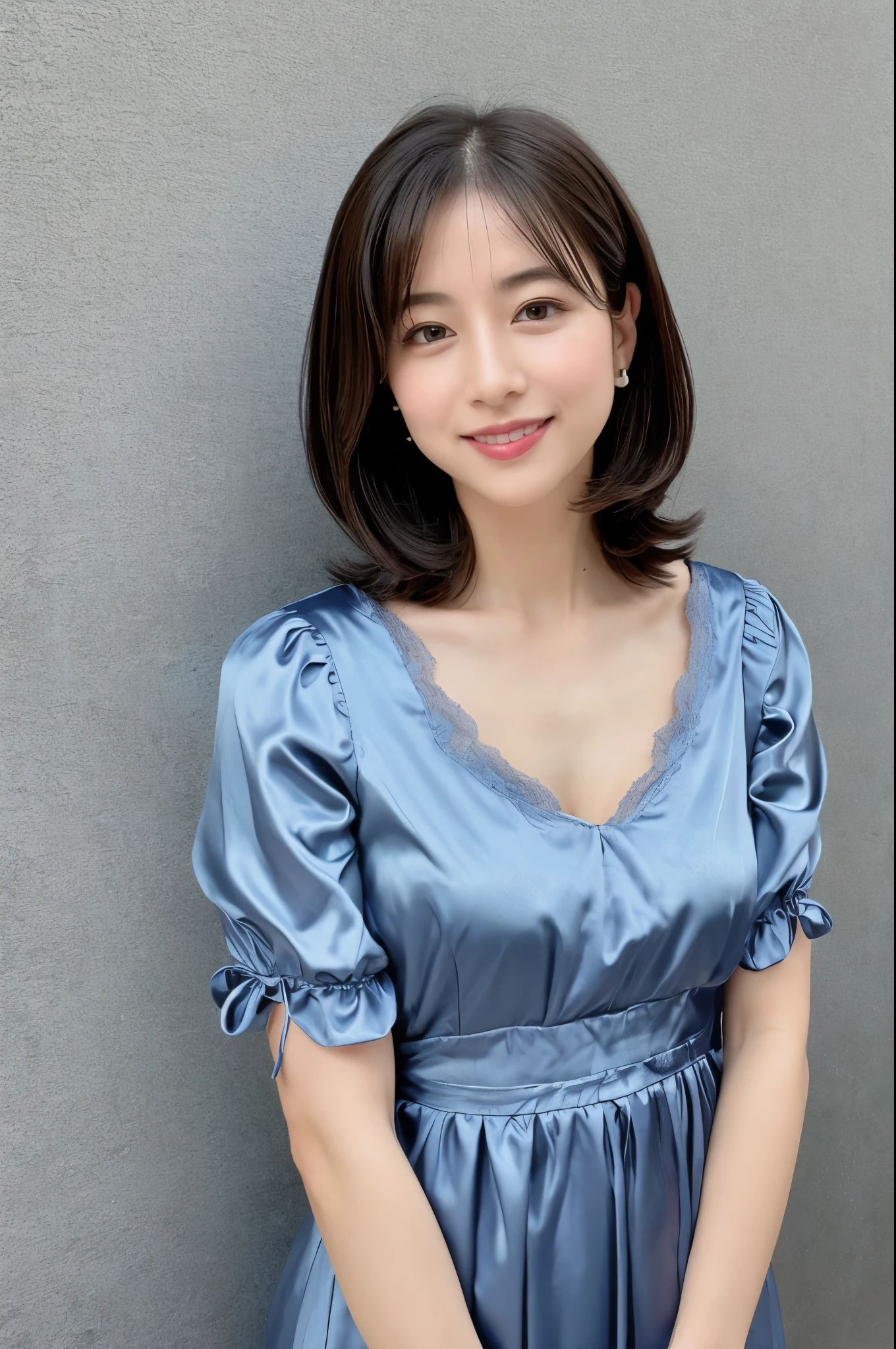 Beautiful 26 year old woman。She wears a tight camisole of light blue-gray satin fabric。Black lace at chest and hem。kindly smile。Her dark brown hair is、Her hair is straight short bob hair。hight resolution、masterpiece、top-quality、headw:1.4、((Hasselblad photo))、Fine skin、Fine textures、foco nítido