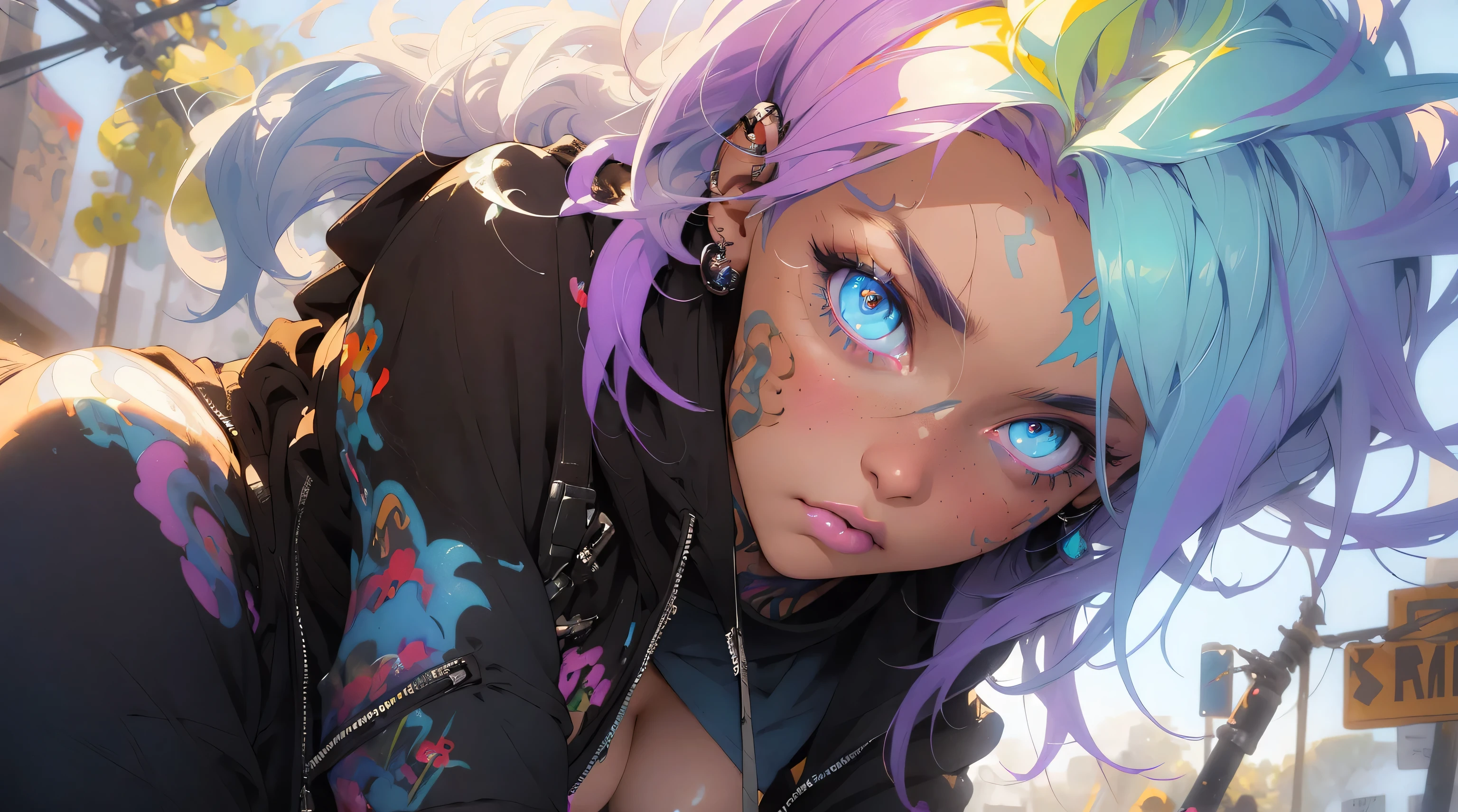 The most beautiful and sexy punk rock girl, rainbow colored hair, vibrant yellow eyes, long detailed eyelashes, huge enormously gigantic tits, cleavage showing, wearing highly detailed hoodie graphict-shirt and torn skinny jeans, tons of tattoos and piercings, melancholy lighting, quiet, calm, brightness, masterpiece, best quality, 1man, (JinxLol:1.2), (ultra photorealistic:1.3), (masterpiece:1.4), best quality, ((realistic)), high quality, ultra detailed, ((real image)), ((realistic skin)), ((realistic face)),(illustration:1.05), (beautiful:1.05), (beautiful detailed eyes:1.05), (cinematic light:1.1), light blue highlights, full body, paint splatter graffiti background