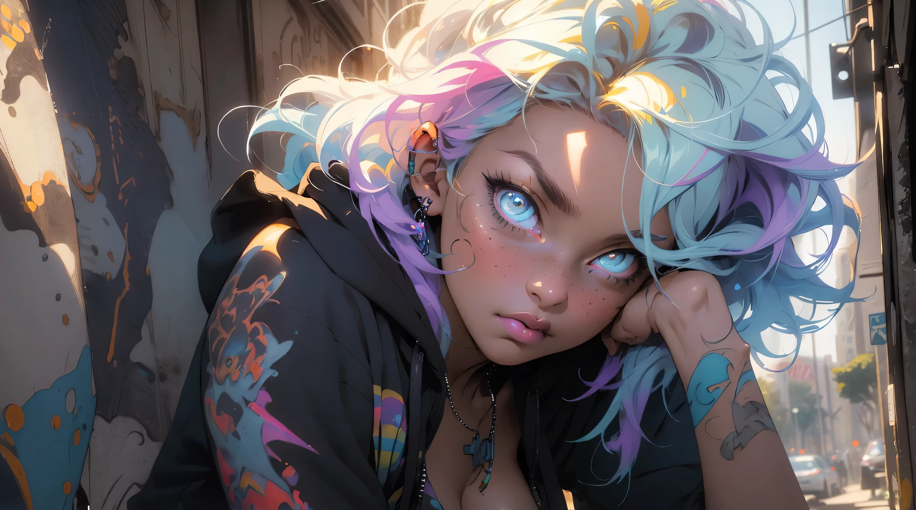 The most beautiful and sexy punk rock girl, rainbow colored hair, vibrant yellow eyes, long detailed eyelashes, huge enormously gigantic tits, cleavage showing, wearing highly detailed hoodie graphict-shirt and torn skinny jeans, tons of tattoos and piercings, melancholy lighting, quiet, calm, brightness, masterpiece, best quality, 1man, (JinxLol:1.2), (ultra photorealistic:1.3), (masterpiece:1.4), best quality, ((realistic)), high quality, ultra detailed, ((real image)), ((realistic skin)), ((realistic face)),(illustration:1.05), (beautiful:1.05), (beautiful detailed eyes:1.05), (cinematic light:1.1), light blue highlights, full body, paint splatter graffiti background