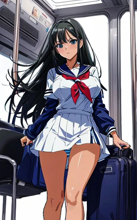 A beautiful woman with long black hair, big breasts, and beautiful legs is wearing a sailor suit with a white miniskirt, showing light blue and blue striped panties, and standing proudly glaring at a middle-aged office worker on the train.。
