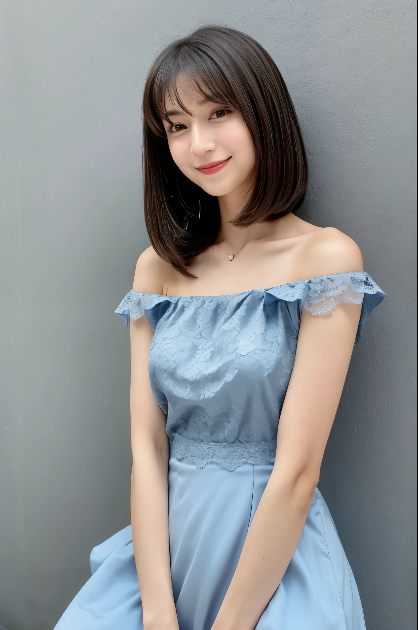 Beautiful 26 year old woman。She wears a tight camisole of light blue-gray satin fabric。Black lace at chest and hem。kindly smile。Her dark brown hair is、Her hair is straight short bob hair。hight resolution、​masterpiece、top-quality、headw:1.4、((Hasselblad photo))、Fine skin、Fine textures、foco nítido