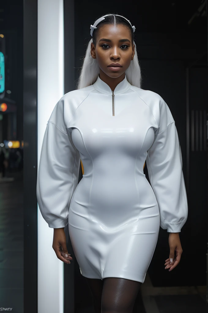 ARTISTIC photography, masterpiece: 1.2), (realistic, photorealistic: 1.37), Movie still from johnny mnemonic movie directed by (Robert Longo), (cyberpunk Corporate Executive, Black Girl, wearing a futuristic KImono), ebony woman ((Keke Palmer)), over-detailed face, beautiful body, voluptuous, perky breast (( dressed in a Futuristic minimalist latex business dress )), (((over-detailed clothing))), (((the color of the clothes is white))), posing, in a dense walled city (kowloon) as background, 8k, best quality