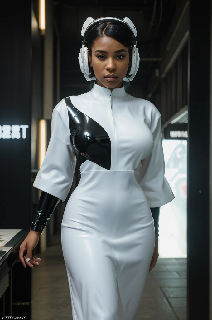ARTISTIC photography, masterpiece: 1.2), (realistic, photorealistic: 1.37), Movie still from johnny mnemonic movie directed by (Robert Longo), (cyberpunk Corporate Executive, Black Girl, wearing a futuristic KImono), ebony woman (()), over-detailed face, beautiful body, voluptuous, perky breast (( dressed in a Futuristic minimalist latex business dress )), (((over-detailed clothing))), (((the color of the clothes is white))), posing, in a dense walled city (kowloon) as background, 8k, best quality
