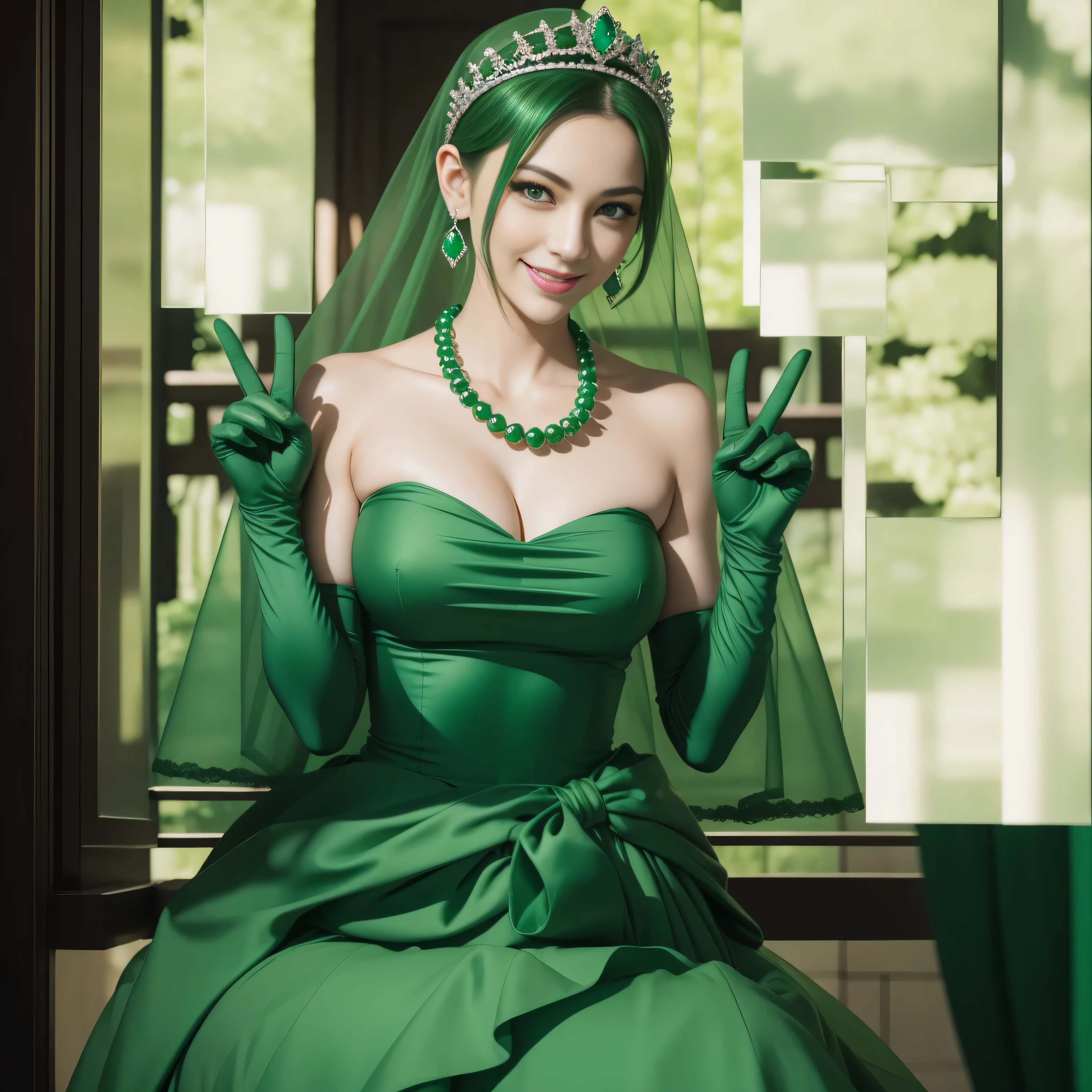 emerald tiara, Green Pearl Necklace, Boyish very short green hair, lipsticks, Japan woman smiling, very short short hair, big breasts beautiful, Green eyes, Long green gloves made of satin material, Green eyes, Emerald Earrings, green vale, v sign