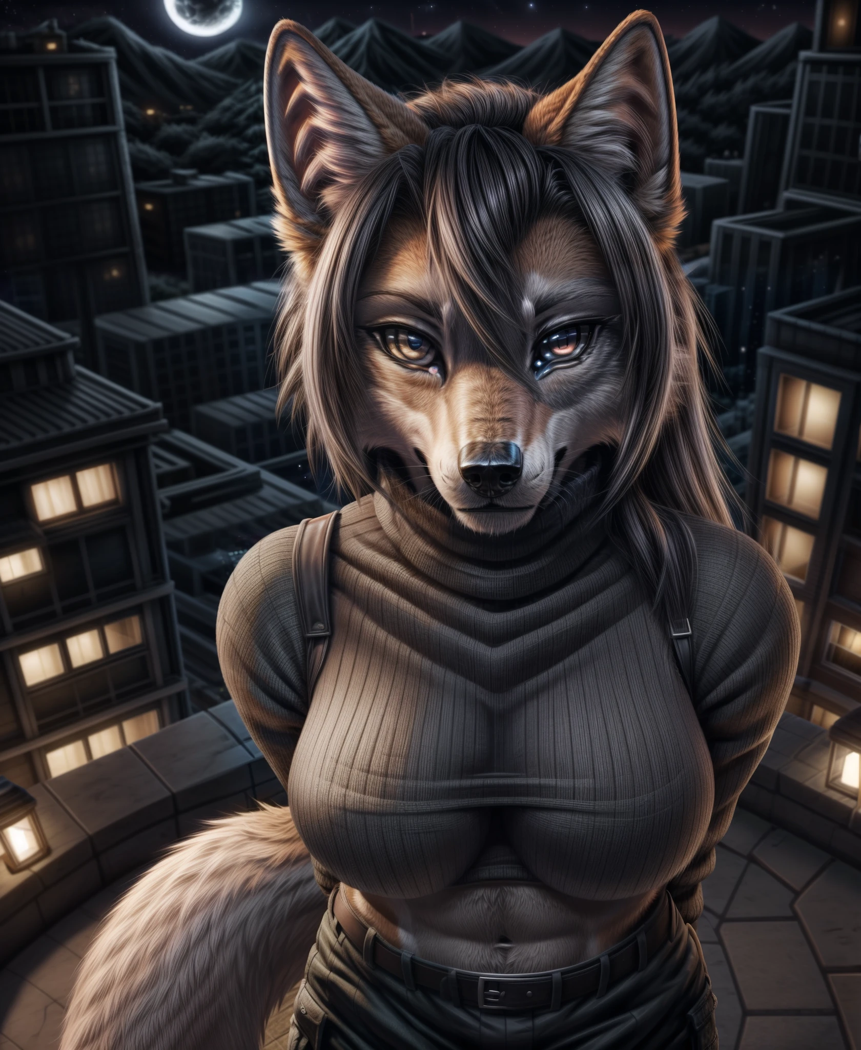 ASCIIReal e621, photorealistic, masterpiece, (((anthro female wolf, anime hair, furred body, wearing gray turtleneck sweater and black cargo pants, nighttime, high-angle front view))), bright sharp eyes and face: 1.4, sharp details: 1.7, extreme detail: 1.9, intricate details: 1.8, extremely detail composition: 1.7, extremely detailed background: 1.6, perfect hands: 1.5, defined clear sharp intricate details: 1.8,