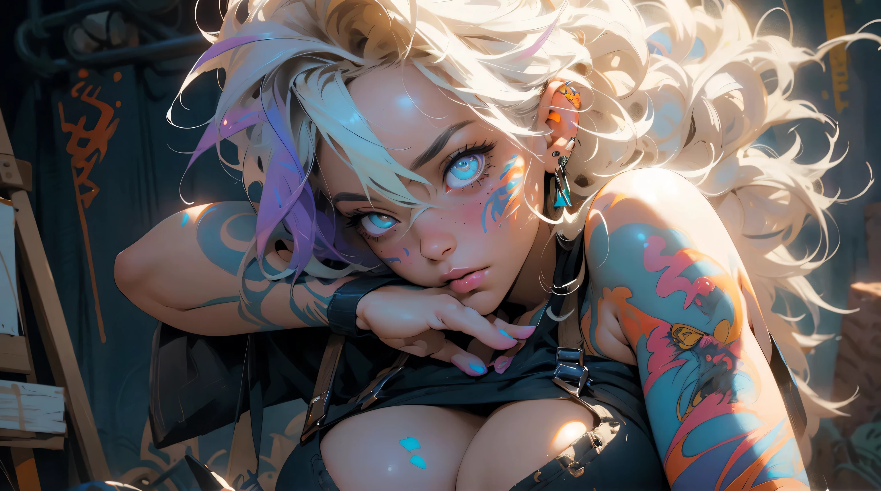 The most beautiful and sexy punk rock girl, naked, nude, no clothes, nsfw, rainbow colored hair, vibrant yellow eyes, long detailed eyelashes, huge enormously gigantic tits, cleavage showing, wearing highly detailed hoodie graphict-shirt and torn skinny jeans, tons of tattoos and piercings, melancholy lighting, quiet, calm, brightness, masterpiece, best quality, 1man, (JinxLol:1.2), (ultra photorealistic:1.3), (masterpiece:1.4), best quality, ((realistic)), high quality, ultra detailed, ((real image)), ((realistic skin)), ((realistic face)),(illustration:1.05), (beautiful:1.05), (beautiful detailed eyes:1.05), (cinematic light:1.1), light blue highlights, full body, paint splatter graffiti background