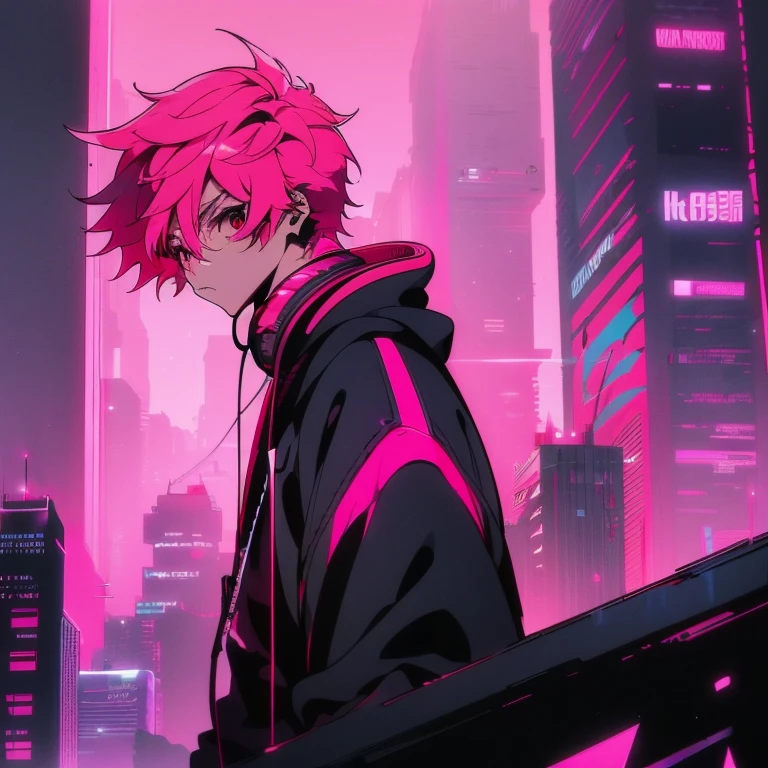 (short-cut), (Two-block hair), (vivid pink hair), (Red Eyes), (Cool pose), (of the highest quality), (​masterpiece), (ultra-detailliert), (Oversized hoodies), (Street), (neons), (Camera from a down angle), (Modern City), (neonsデイライト), (Cinematic), (Stylish), (hight resolution), (Hyper Detailed), (Looking at the camera), (Anime-style), (Softtown), (nightcore), (Handsome male character), (Listening to music through headphones), (natural appearance of the building), (casual), (ig studios anime style), (Super beautiful angle of view),
