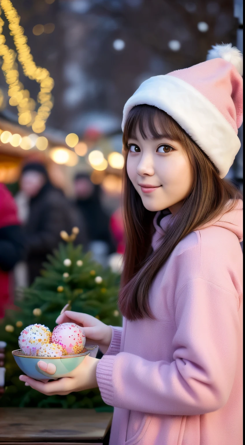 (best quality,4k,8k,highres,masterpiece:1.2),ultra-detailed,(realistic,photorealistic,photo-realistic:1.37), A beautiful Portrait, (((winter solstice))), celebrate winter solstice, Chinese New Year Mood, Christmas Mood, Good, Happy, Eating A bowl of Glutinous Rice Ball,(((looking at viewer:1.5))),(((holding a bowl of pink color rice ball))),(((view full body))),(((Photographing a girl from side))),ulzzang-6500-v1.1, (Raw photo:1.2), (Photo realistic:1.4), a beautiful detailed girl, extremely detailed eye and face, beautiful detailed eyes, ultra-detailed, High resolution, top-quality, masterpiece, highly detailed, 8k wallpaper, Wonderful, finely detail, top-quality, Light on the face,电影灯光,1girl in,(Christmas market in Stuttgart),Beautiful eyes,smile.