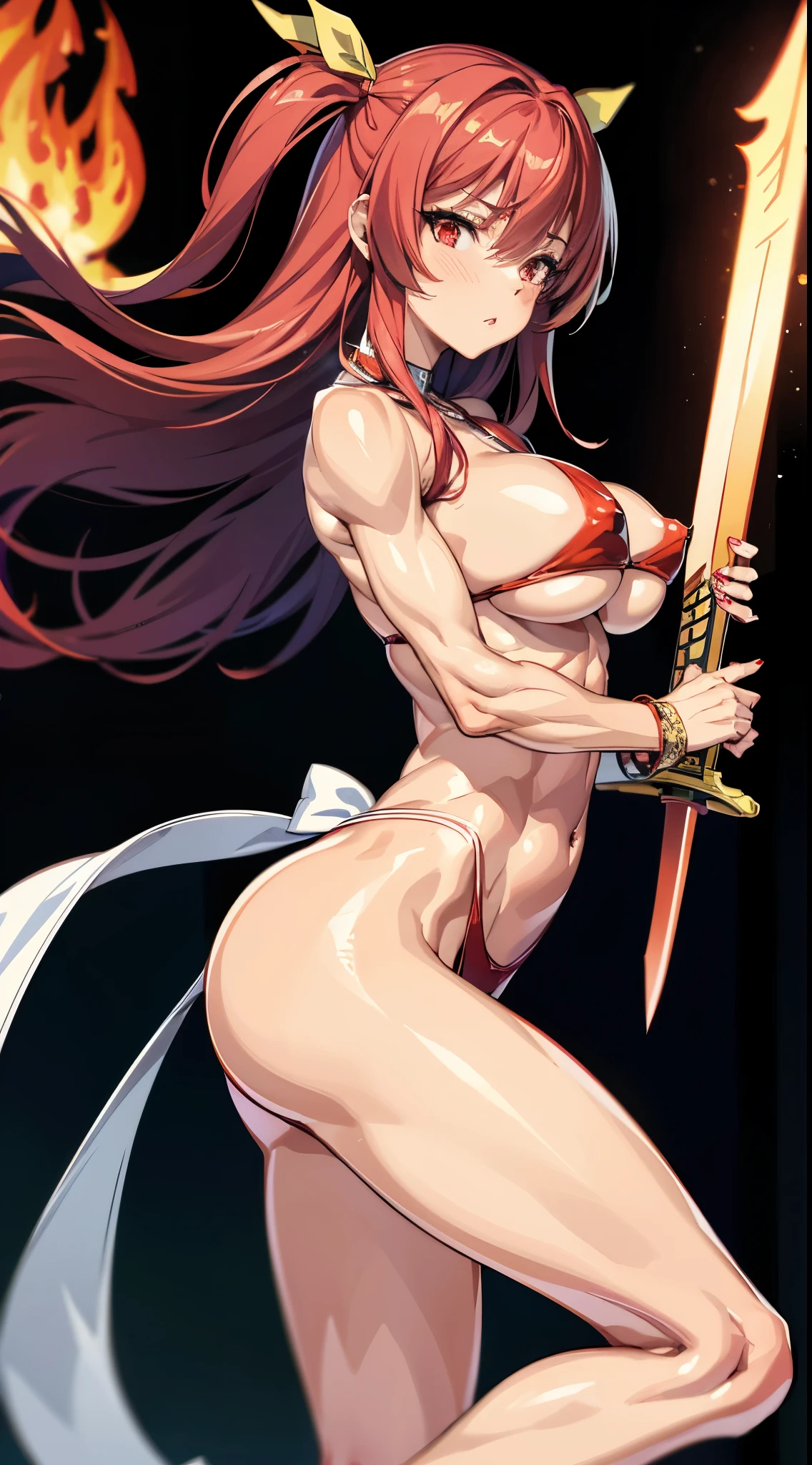 master piece、Superior Quality、1 girl in、(Stella Vermillion)、Ligature bracelet、muscular thighs, muscular belly, wide hips, (very thin waist), large breasts, very hard breasts, Breasts, very hard nipples, (( (holding 1 fire sword with two hands))), wearing red shoes with high heels scene), very hot, well-made hands, red nails, well-done red manicure with lots of details, {{{wearing a well-made bikini , short and very sexy}}}, eye reflection, extended eyes, (red eyes), lonely, Pouting, anime, anime style, Luminous lighting, ray tracing, panorama, Nikon, Udisk hard, master piece, precise, anatomically correct, textured skin, Super Detail, high quality, best quality, ultra-high resolution, Hard Udisk, 16k