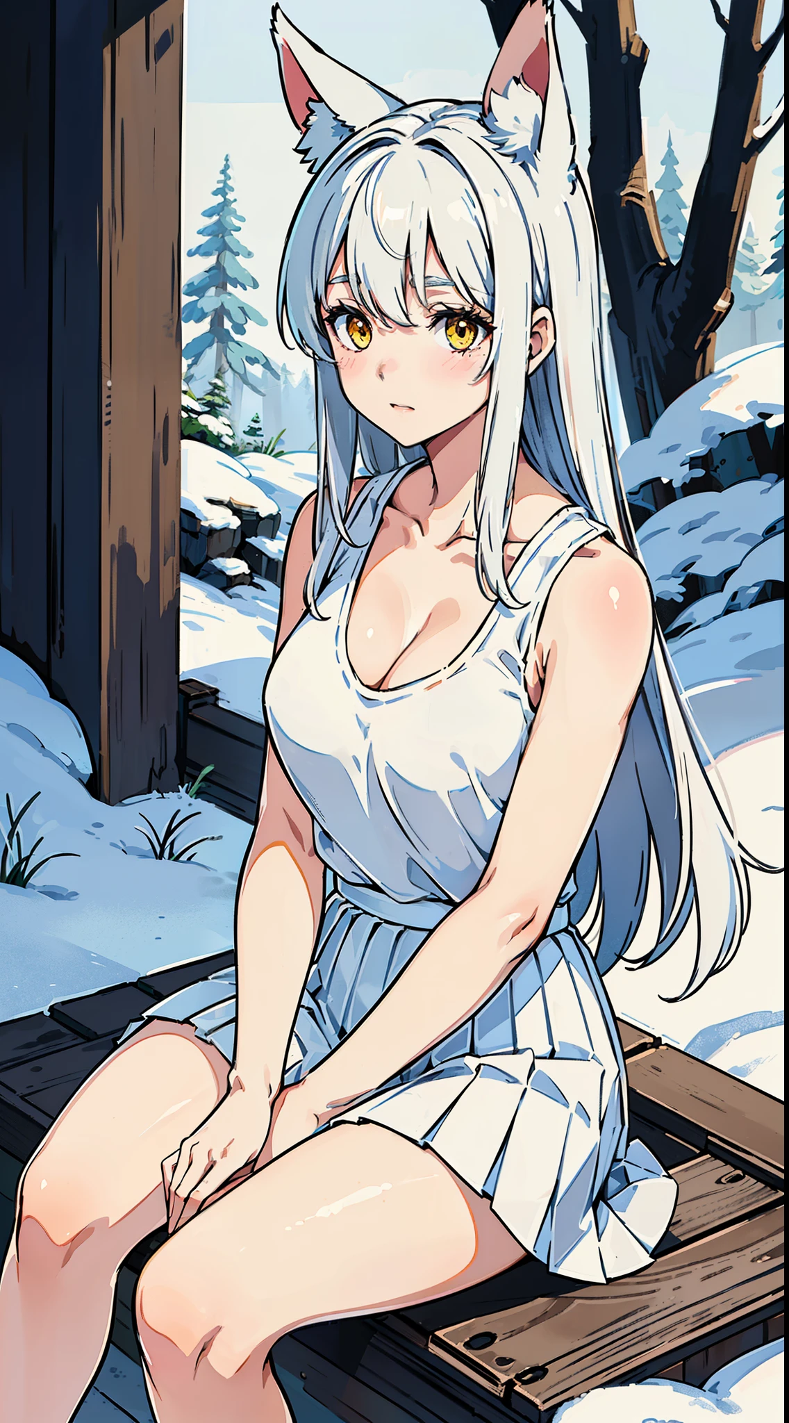 1girl,solo,medium breasts,mature female,((white sleeveless and shoulderless t-shirt,cleavage, white pleated skirt)),silver hair,long hair,yellow eyes,fox ears,((sitting in snow,in a Forest)),from front,cowboy shot,(((hands om chest))),shy,blush