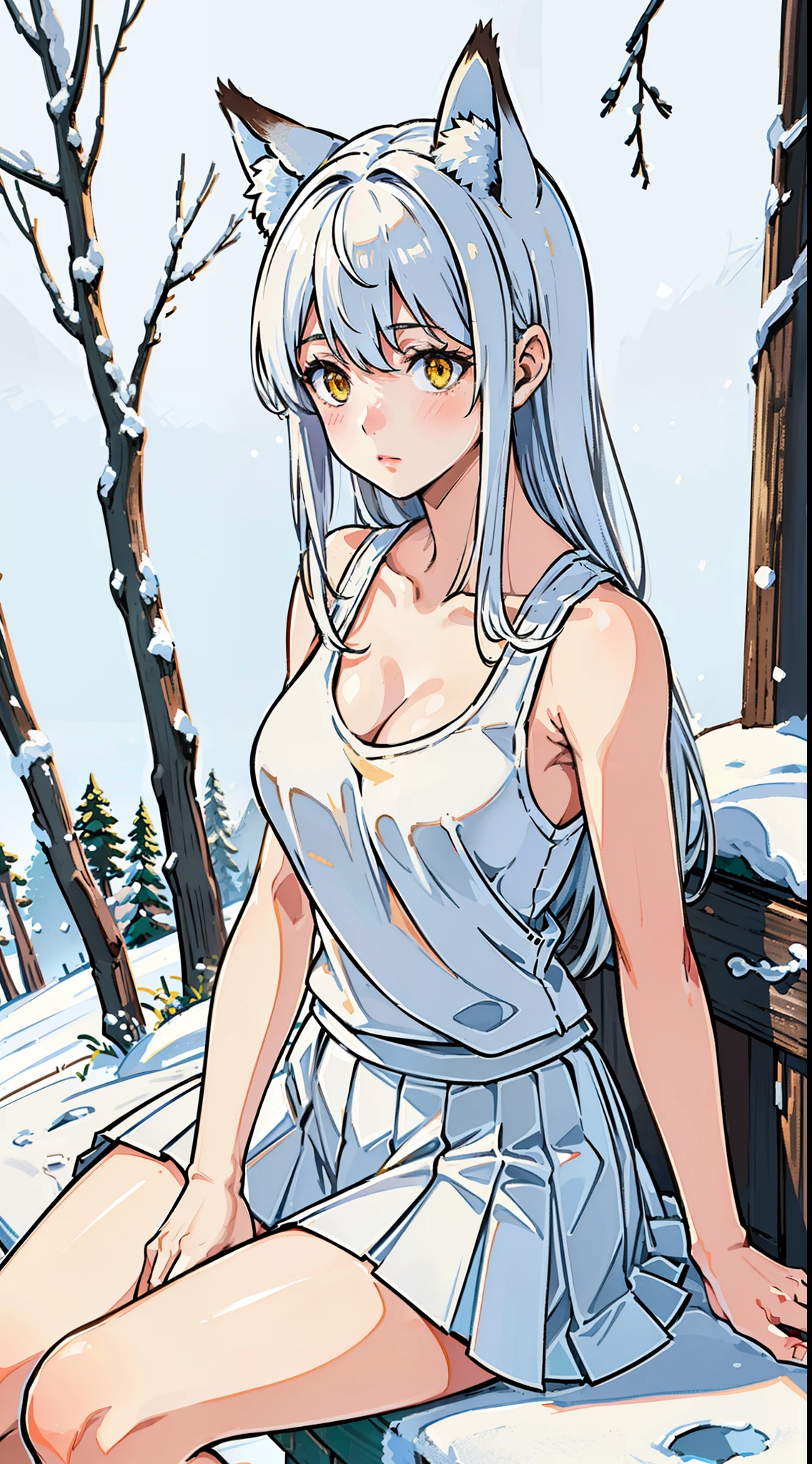 1girl,solo,medium breasts,mature female,((white sleeveless and shoulderless t-shirt,cleavage, white pleated skirt)),silver hair,long hair,yellow eyes,fox ears,((sitting in snow,in a Forest)),from front,cowboy shot,(hands om chest),shy,blush