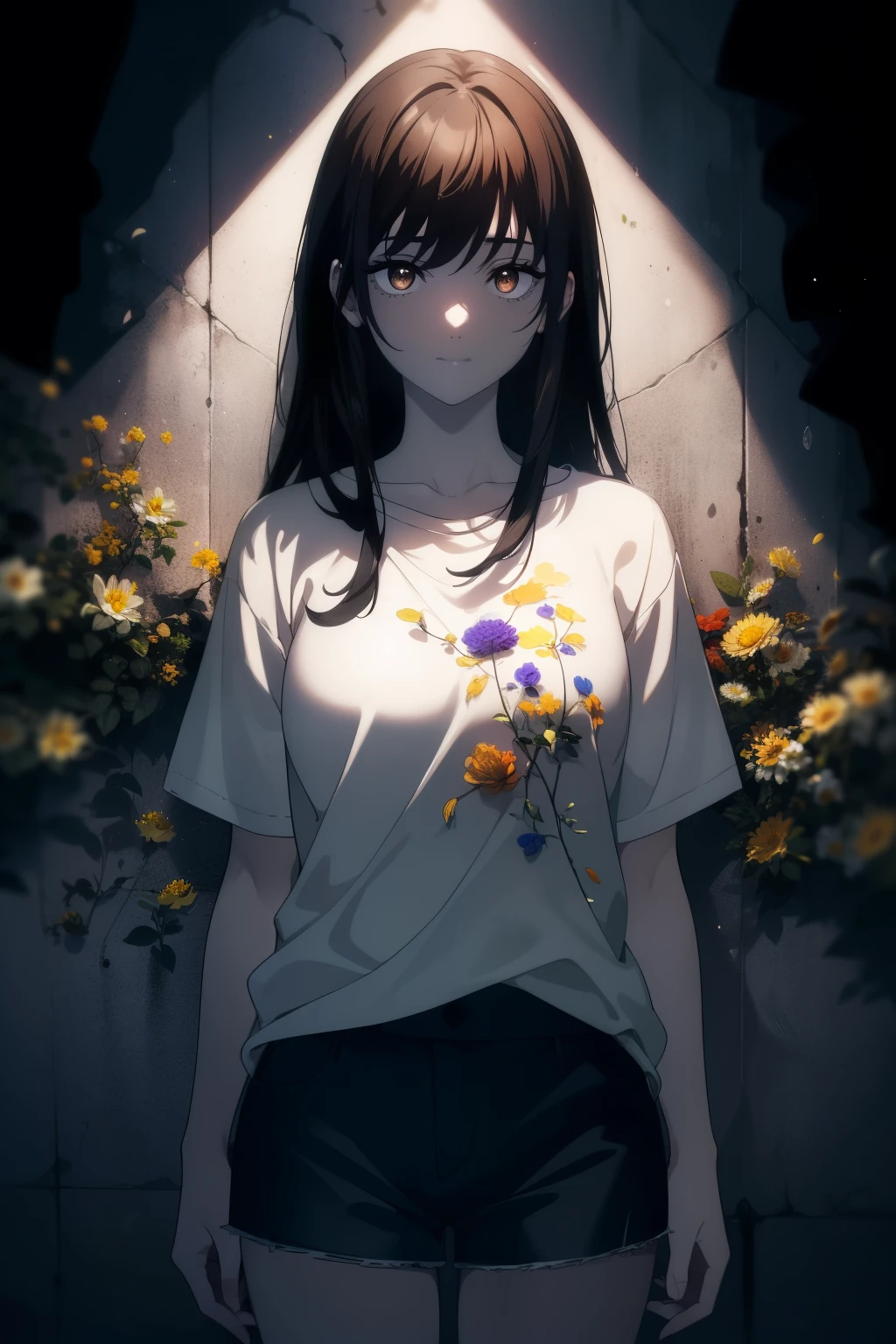 ((((Obra maestra, La mejor calidad, ultrahigh resolution)))), 1girl, standing, (baggy white t-shirt, loose fitting blue shorts), long back hair, long dark black hair, pale skin, ((shining brown eyes)), ((ultra detailed eyes:1, beautiful and detailed face, detailed eyes:0.5)), empty eyes, smile, (((darkness, LSD flowers, beautiful lighting))), ((glowing_eyes))