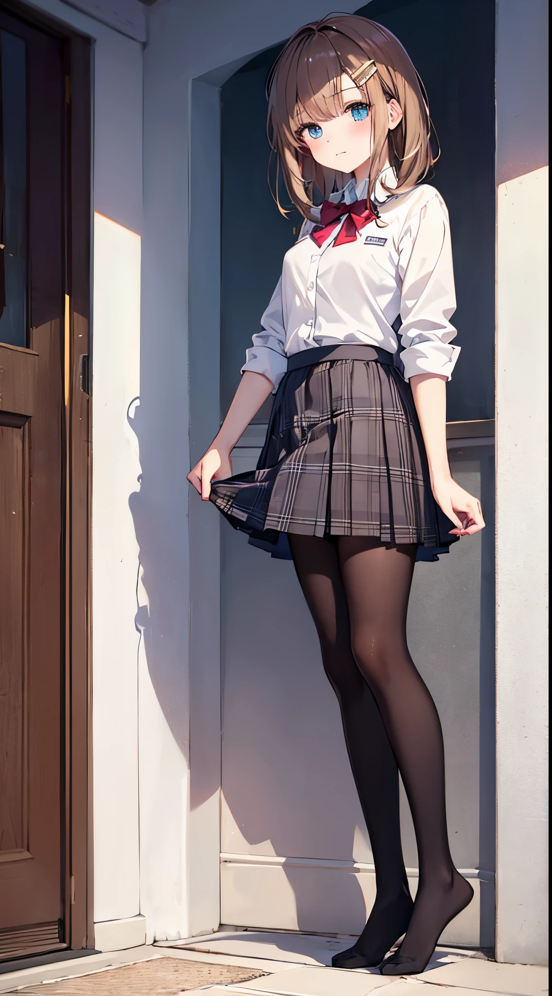 Finest, masterpiece, high definition, (full body), frontal, symmetrical, mature high school girl, solo, (full body from head to toe), small breasts, long hair, slightly messy hair, (black tights), ( (black pantyhose), black pantyhose, composition showing white panties, slender beautiful legs, a very beautiful 17-year-old girl (not wearing shoes) legs), blushing, shy big eyes, (short (brown hair)), (bangs), messy hair, (hair clip), looking at camera, showing white panties, white frilly lingerie, high school uniform blazer, high school uniform White blouse, high school uniform with blue ribbon, high school uniform with short plaid pattern and navy pleated skirt