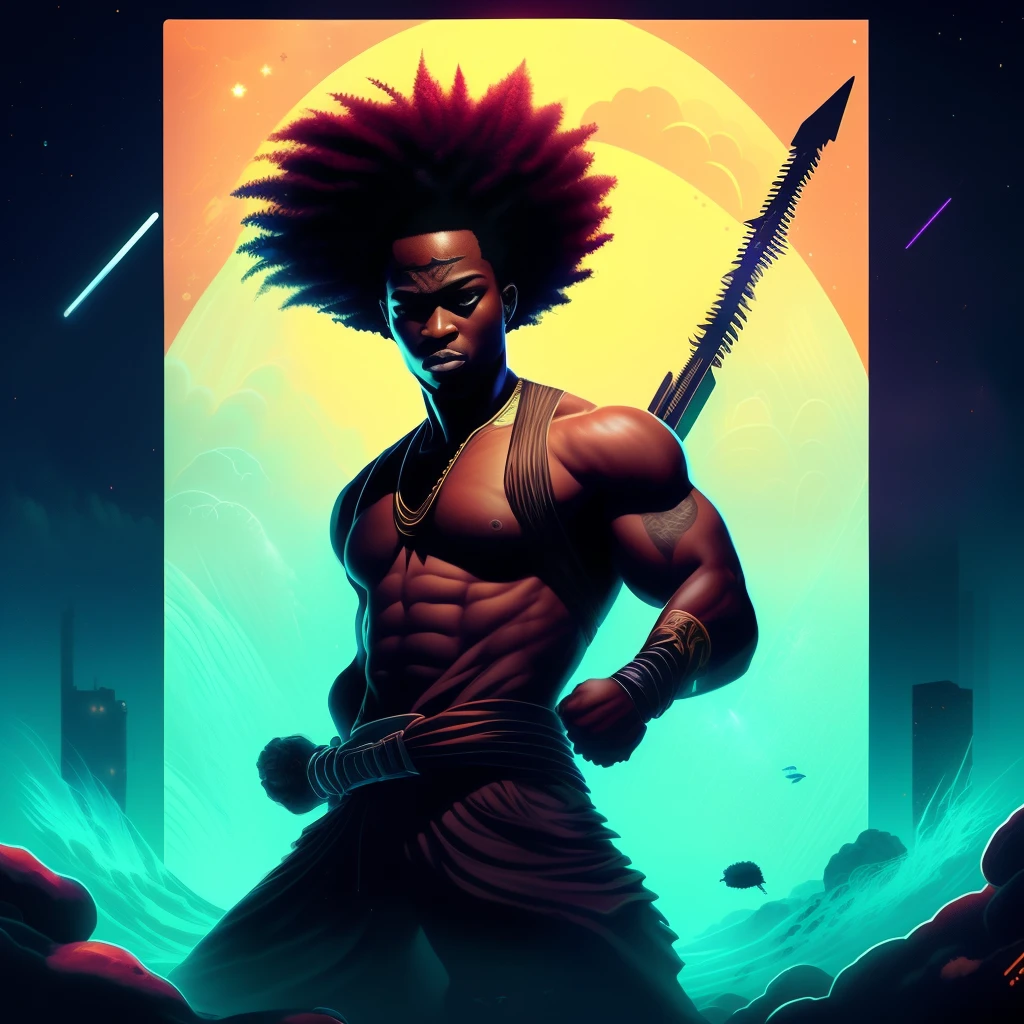 Create an image of a black ninja after an apocalypse in the future afro hair falling forward, Rasta type but braided,tiro de corpo inteiro, tiro de corpo inteiro, , Lightning in the sky, arms extended, olhando para frente, parado no topo de uma montanha, manto e capa vermelhos, cruz brilhante no ar. ,Arte Luz Neon, no escuro da noite, Um navio alto navega pelos mares iluminados pela ,....lua, estrelas, Colouring, circunstanciado, 4k