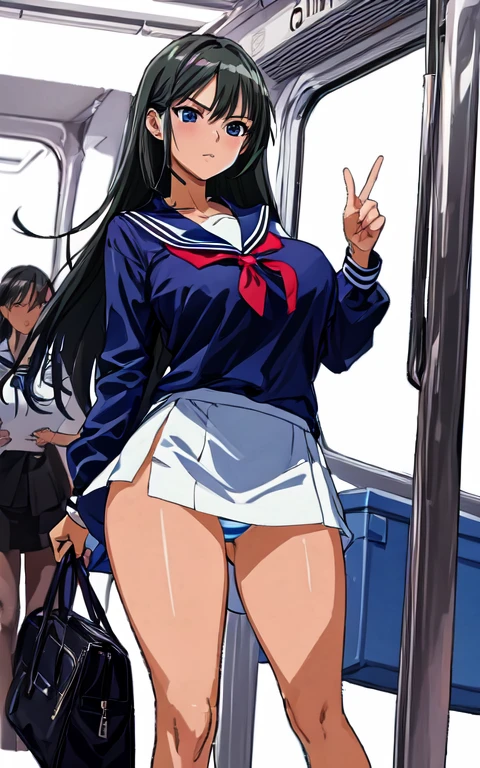 A beautiful woman with long black hair, big breasts, and beautiful legs is wearing a sailor suit with a white miniskirt, her light blue and blue striped panties are showing off, and she is standing proudly glaring at a middle-aged office worker on the train.。