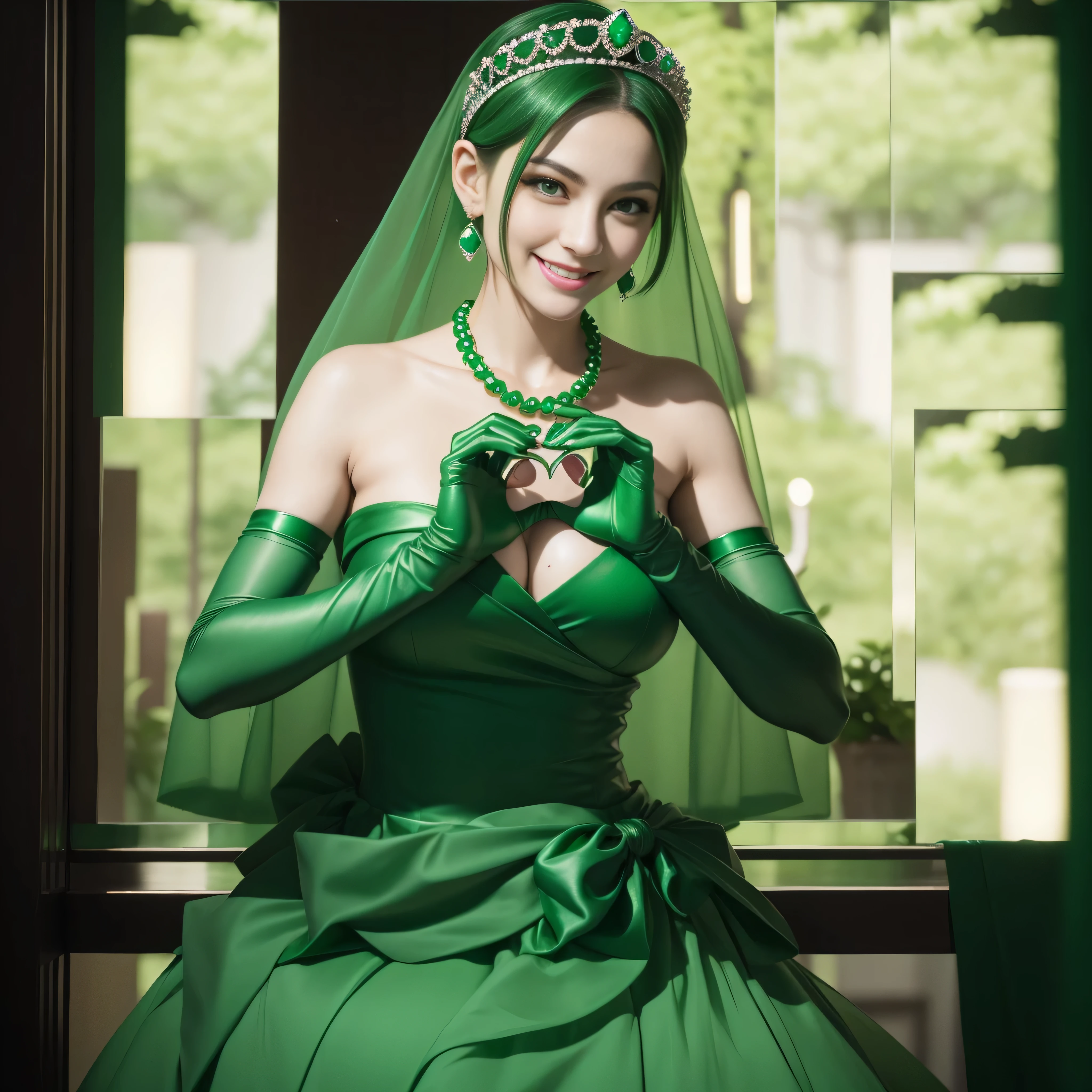 emerald tiara, Green Pearl Necklace, Boyish very short green hair, lipsticks, Japan woman smiling, very short short hair, big breasts beautiful, Green eyes, Long green gloves made of satin material, Green eyes, Emerald Earrings, green vale, 両Heart in the hand, Heart in the hand