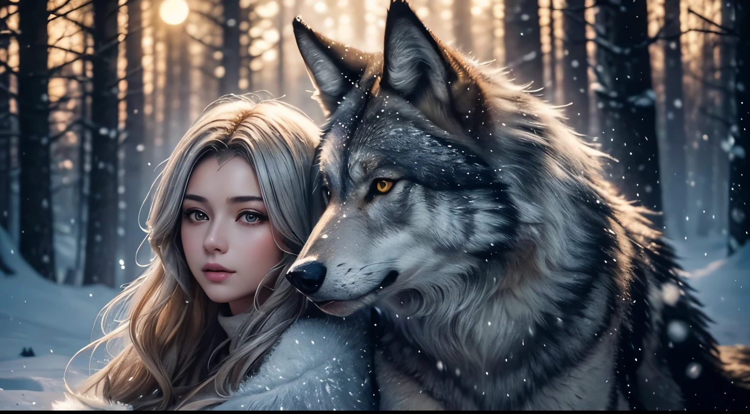 A huge wild gray wolf protecting a beautiful girl with blond hair, snowy forest at night with full moon(masterpiece: 1.5) (photorealistic: 1.1) (bokeh) (best quality) (detailed skin texture pores hair: 1.1) (intricate) (8k) (HDR) (wallpaper) (cinematic lighting) (sharp focus )