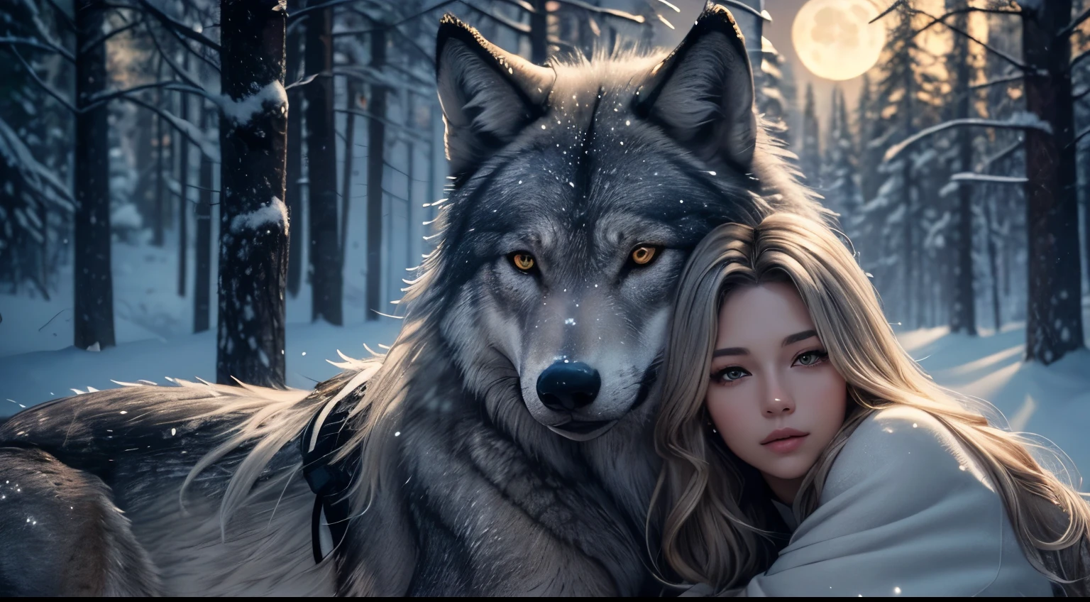 A huge wild gray wolf protecting a beautiful girl with blond hair, snowy forest at night with full moon(masterpiece: 1.5) (photorealistic: 1.1) (bokeh) (best quality) (detailed skin texture pores hair: 1.1) (intricate) (8k) (HDR) (wallpaper) (cinematic lighting) (sharp focus )