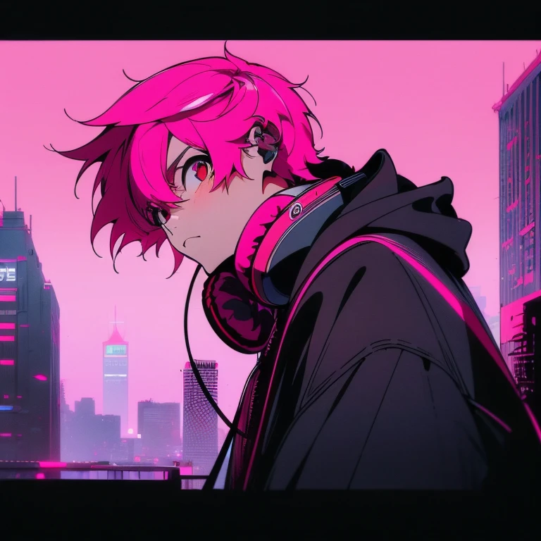 (short-cut), (Two-block hair), (vivid pink hair), (male character), (Red Eyes), (Cool pose), (of the highest quality), (masterpiece), (ultra-detailliert), (Oversized hoodies), (Street), (neons), (Camera from a down angle), (Modern City), (neonsデイライト), (Cinematic), (Stylish), (hight resolution), (Hyper Detailed), (Looking at the camera), (Anime-style), (Softtown), (nightcore), (a handsome man), (Listening to music through headphones), (natural appearance of the building), (casual), (ig studios anime style), (Super beautiful angle of view),