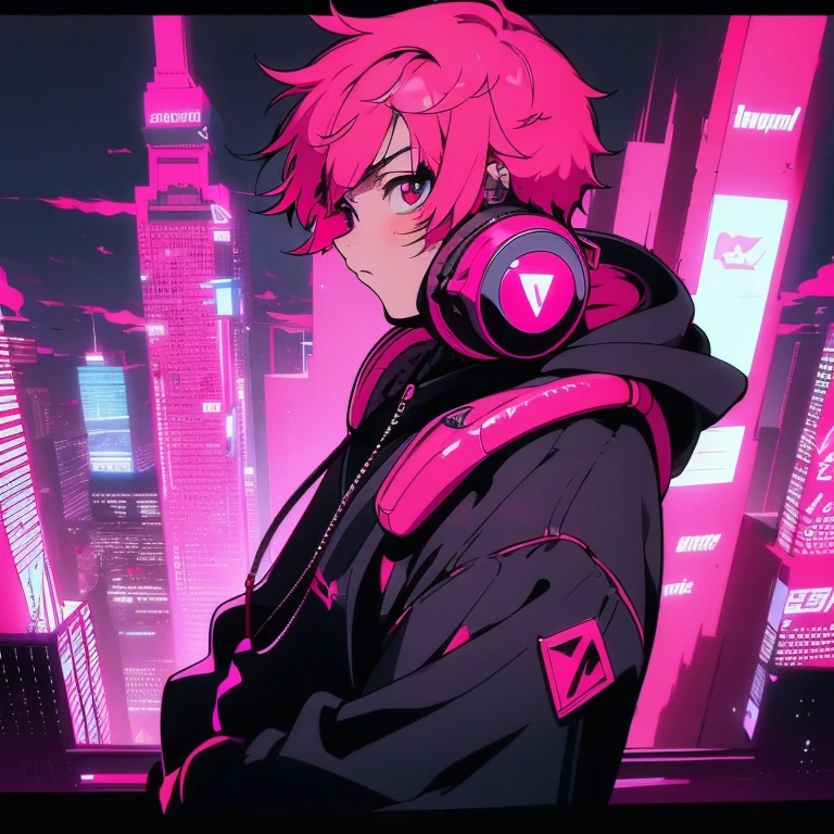 (short-cut), (Two-block hair), (vivid pink hair), (male character), (Red Eyes), (Cool pose), (of the highest quality), (​masterpiece), (ultra-detailliert), (Oversized hoodies), (Street), (neons), (Camera from a down angle), (Modern City), (neonsデイライト), (Cinematic), (Stylish), (hight resolution), (Hyper Detailed), (Looking at the camera), (Anime-style), (Softtown), (nightcore), (a handsome man), (Listening to music through headphones), (natural appearance of the building), (casual), (ig studios anime style), (Super beautiful angle of view),