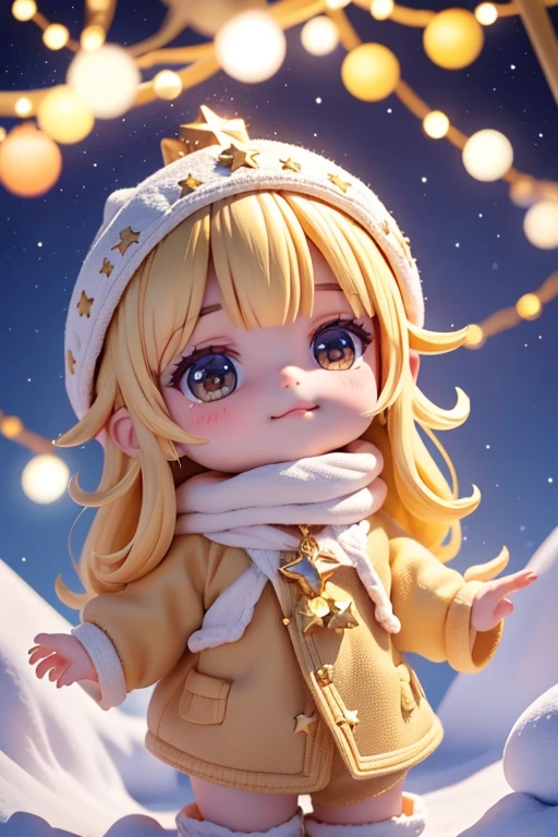 Duende navidad, sonriendo, estrellas en los ojos, rojo crujiente, luz radiante, copo de nieve grande en primer plano. Navidad misteriosa, magical charm. magic stars, (la mejor calidad, 8k, high resolusion, tmasterpiece:1.2), caprichoso, (cielo lleno de estrellas, la estrella del norte brilla).
