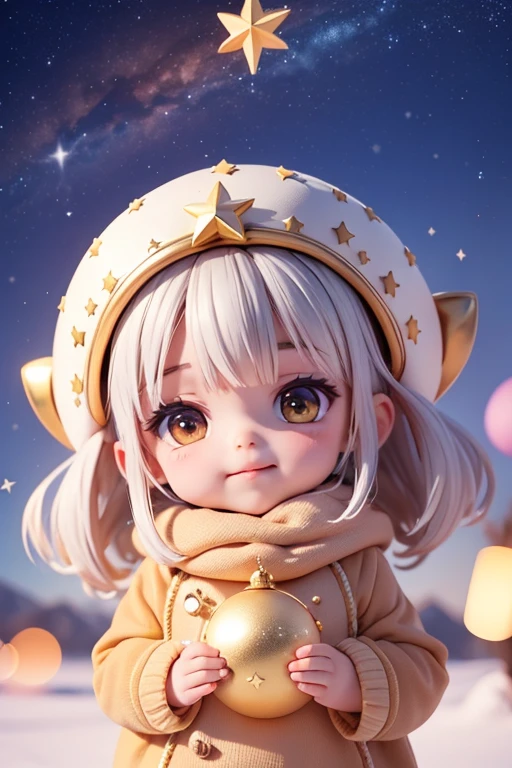 Duende navidad, sonriendo, estrellas en los ojos, rojo crujiente, luz radiante, copo de nieve grande en primer plano. Navidad misteriosa, magical charm. magic stars, (la mejor calidad, 8k, high resolusion, tmasterpiece:1.2), caprichoso, (cielo lleno de estrellas, la estrella del norte brilla).