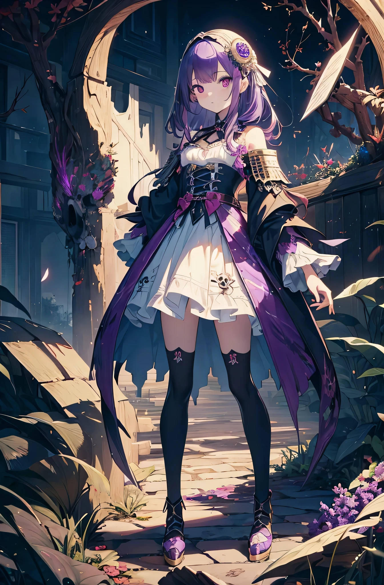 (masutepiece, Absurd quality, Best Quality, Official art, Beautiful and aesthetic:1.2), (1 little girl:1.4), ighly detailed, (Fractal Art:1.3), Colorful, highest details, Vivid Color, From above, albino, baby-face, Hugging the skull, Dark light, Fluffy white ruffled dress, White lace up short boots, Purple long hair, Beautiful detailed red eyes, glare at viewer, Lots of skulls,Full body,Full body,((Purple hair)),Knight Costume,((fantasy Knight Costume)),