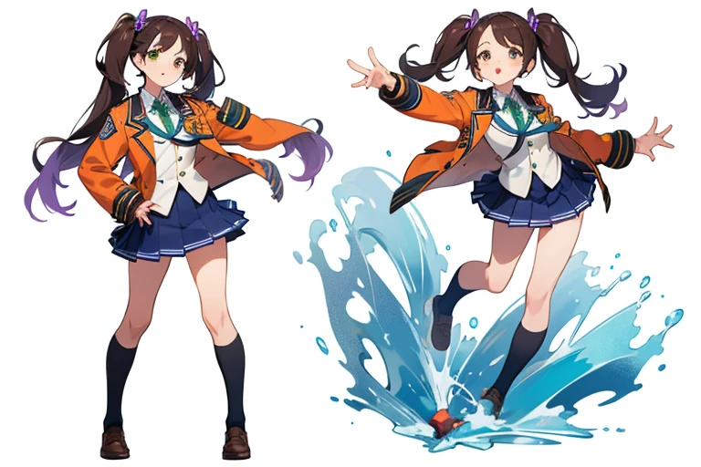 (((Best Quality))) , ((full body)), female, multiple views, white background, variety of hairstyles, seductive pose, cropped blazer, mini skirt, blue, orange, green, violet, brown, white, Mess jacket uniform, cropped jacket, school uniform, magical school student uniform,