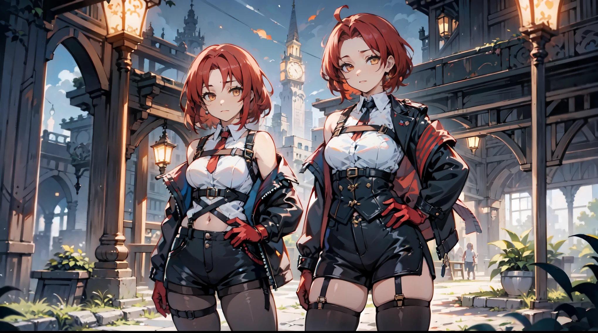 1girl, young woman, solo, short hair, Small hair, (forehead:1.2), yellow eyes, (scarlet red hair), Athletic, muscular, medium breasts, (cropped jacket, black jacket), white shirt, collared shirt, (chest harness, shoulder strap:1.15), black leather shorts, pantyhose 7/8, garter belt, gloves, elegant, looking at viewer, standing, night, masterpiece, best quality, 4k