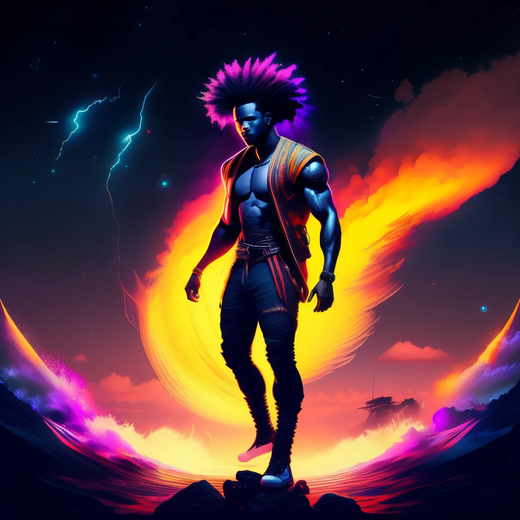 Create an image of a black ninja after an apocalypse in the future afro hair falling forward, Rasta type but braided,tiro de corpo inteiro, tiro de corpo inteiro, , Lightning in the sky, arms extended, olhando para frente, parado no topo de uma montanha, manto e capa vermelhos, cruz brilhante no ar. ,Arte Luz Neon, no escuro da noite, Um navio alto navega pelos mares iluminados pela ,....lua, estrelas, Colouring, circunstanciado, 4k