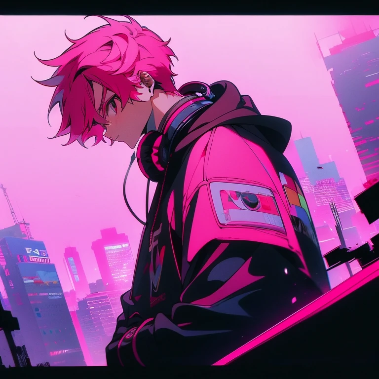 (short-cut), (Two-block hair), (vivid pink hair), (male character), (Red Eyes), (Cool pose), (of the highest quality), (​masterpiece), (ultra-detailliert), (Oversized hoodies), (Street), (neons), (Camera from a down angle), (Modern City), (neonsデイライト), (Cinematic), (Stylish), (hight resolution), (Hyper Detailed), (Looking at the camera), (Anime-style), (Softtown), (nightcore), (a handsome man), (Listening to music through headphones), (natural appearance of the building), (casual), (ig studios anime style), (Super beautiful angle of view),