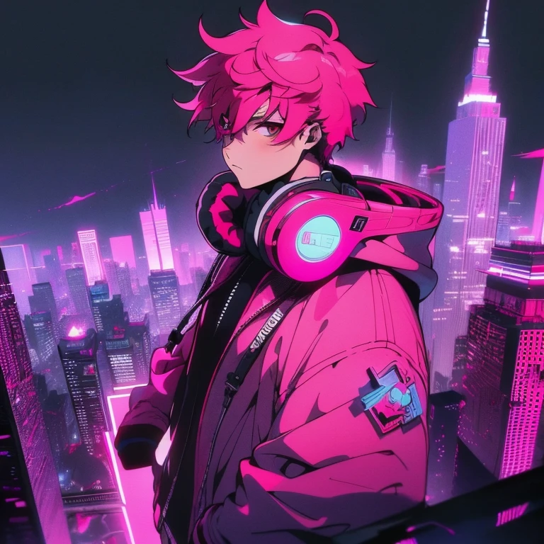(short-cut), (Two-block hair), (vivid pink hair), (male character), (Red Eyes), (Cool pose), (of the highest quality), (masterpiece), (ultra-detailliert), (Oversized hoodies), (Street), (neons), (Camera from a down angle), (Modern City), (neonsデイライト), (Cinematic), (Stylish), (hight resolution), (Hyper Detailed), (Looking at the camera), (Anime-style), (Softtown), (nightcore), (a handsome man), (Listening to music through headphones), (natural appearance of the building), (casual), (ig studios anime style), (Super beautiful angle of view),