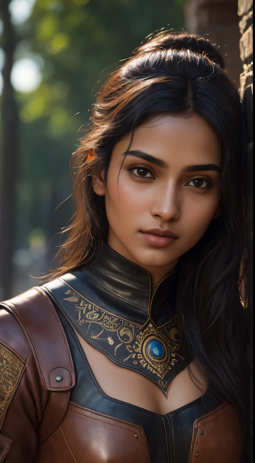 (young Indian girl, 18-year-old, (((wearing a medieval light leather outfit suitable for an assassin. Emphasize the sleekness of the design, Highlight intricate details, such as the texture of the leather, and convey an air of stealth and agility in the character's attire.))), gentle lighting, intricate facial details, flawless complexion, top-notch 3D rendering, hyper-realistic, shot on Indian road. photorealistic digital art trending on Artstation 8k HD high definition detailed realistic, detailed, skin texture, hyper detailed, realistic skin texture, armature, best quality, ultra high res), (photorealistic:1.4),, high resolution, detailed, raw photo, 400 camera f1.6 lens rich colors hyper realistic lifelike texture dramatic lighting unrealengine trending on artstation cinestill 800