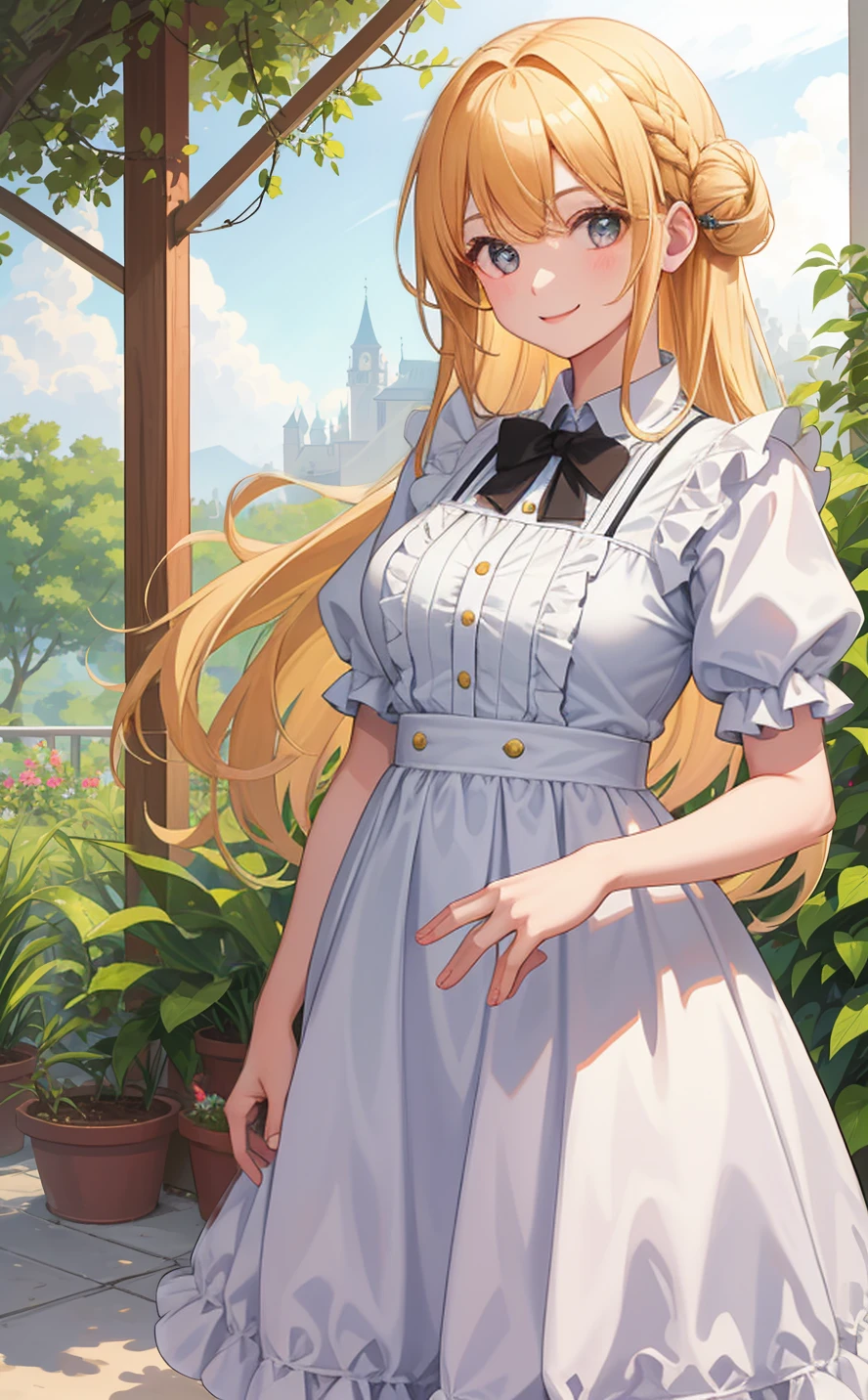 1girl em、COMO-、um sorriso、A delightful! A camisa、saia pelo、(Seios pequenos)Pinafore、Doress、adornos de cabelo、(Empregadas)、Brisa da Primavera、