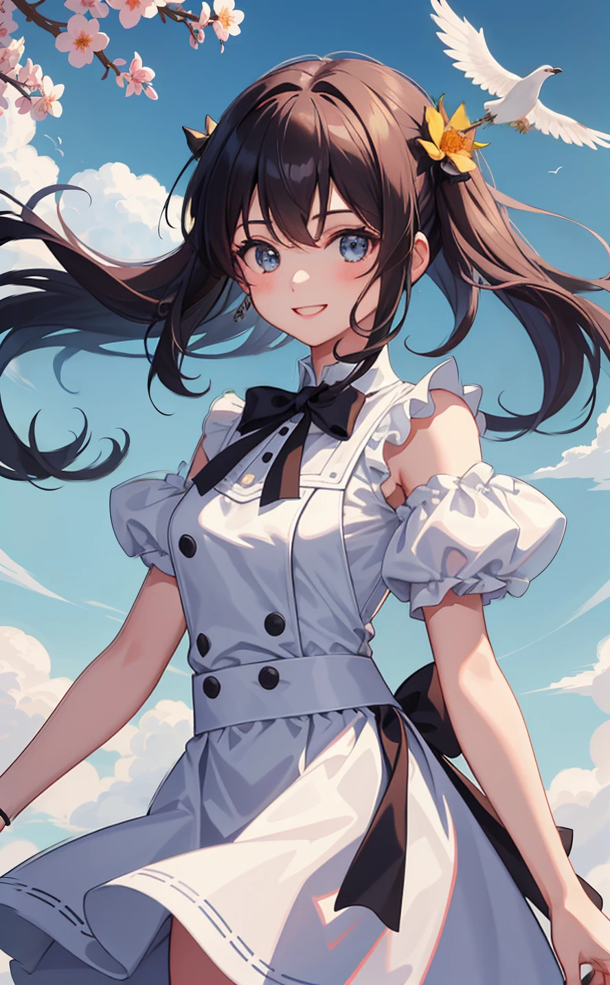 1girl em、COMO-、um sorriso、A delightful! A camisa、saia pelo、(Seios pequenos)Pinafore、Doress、adornos de cabelo、(Empregadas)、Brisa da Primavera、