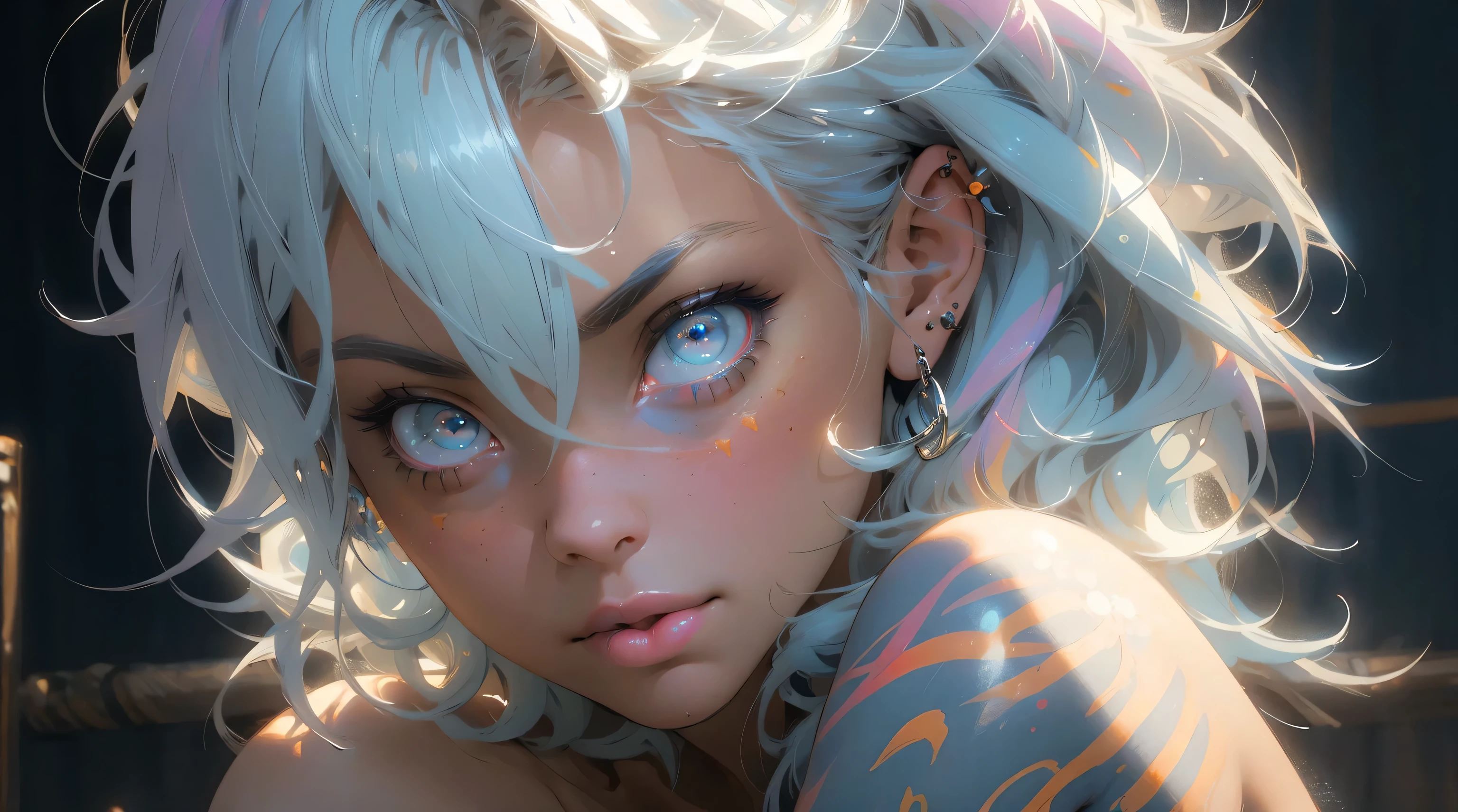The most beautiful and sexy punk rock girl, naked, nude, no clothes, nsfw, rainbow colored hair, vibrant yellow eyes, long detailed eyelashes, tons of tattoos and piercings, melancholy lighting, quiet, calm, brightness, masterpiece, best quality, 1man, (JinxLol:1.2), (ultra photorealistic:1.3), (masterpiece:1.4), best quality, ((realistic)), high quality, ultra detailed, ((real image)), ((realistic skin)), ((realistic face)),(illustration:1.05), (beautiful:1.05), (beautiful detailed eyes:1.05), (cinematic light:1.1), light blue highlights, full body, paint splatter graffiti background