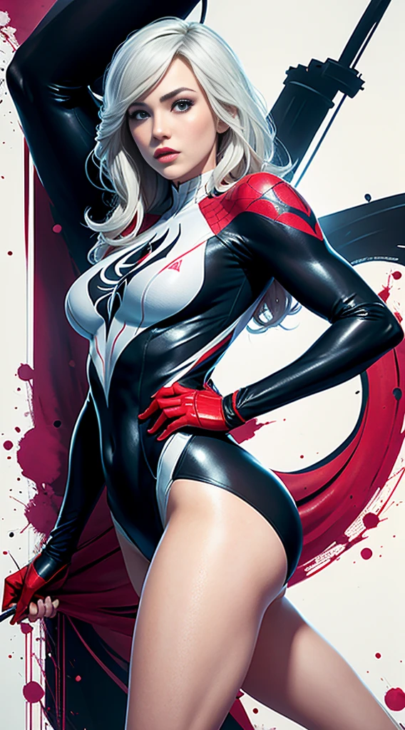 spider gwen, Hot, partial , hightquality, Dynamic Poses, Beautiful, Gorgeous, In love,Short suit, spider in a suit, white black red suit、Jennifer Garner