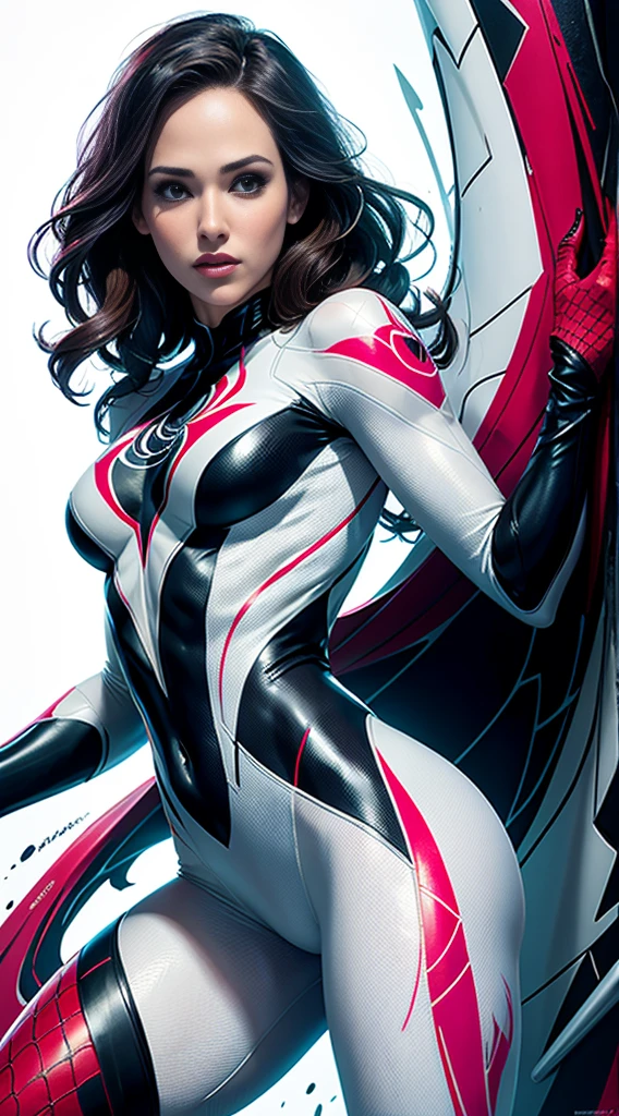 spider gwen, Hot, partial , hightquality, Dynamic Poses, Beautiful, Gorgeous, In love,Short suit, spider in a suit, white black red suit、Anne Hathaway