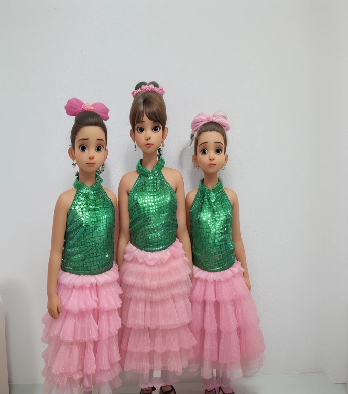 two little girls in verde e rosa dresses standing next to each other, verde e rosa, modelagem para dulce e gabanna, rosa e verde, estilo meninas powerpuff, 3 sisters look into the mirror, Por Reyna Rochin, posando em leotard e tiara, Cholitas bolivianas, CR3, Girando, usando um tutu rosa, Pose tensa
