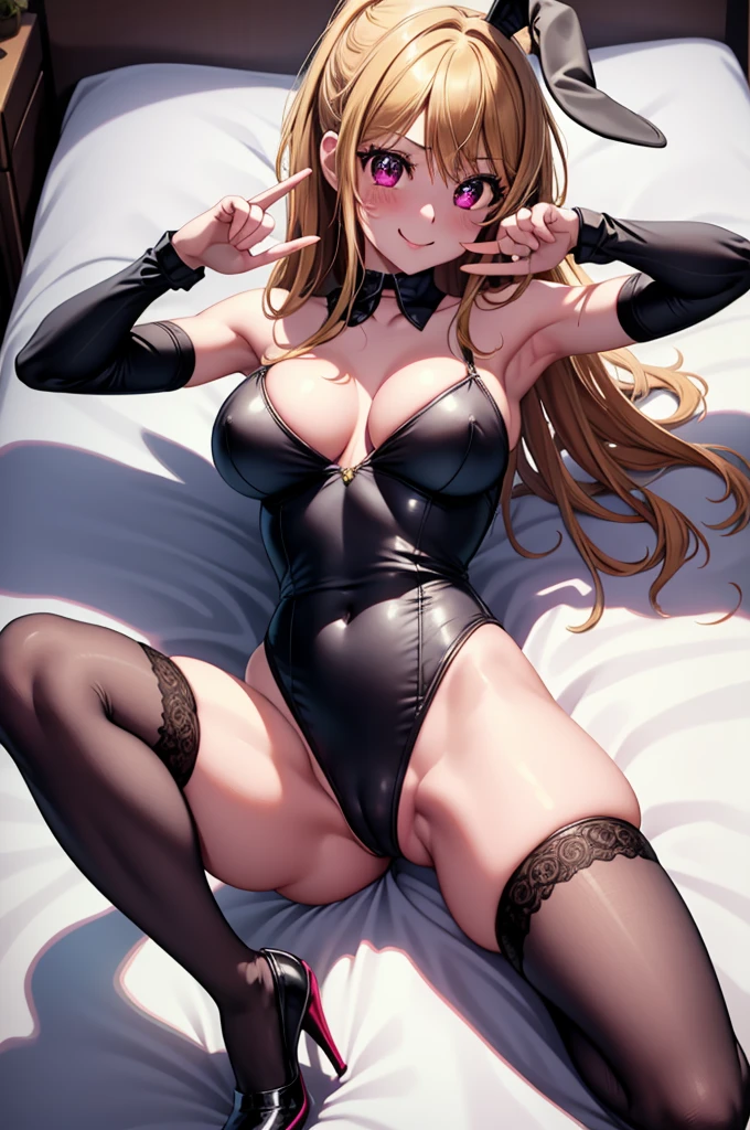 anime, beautiful face, highly detailed face, 2 accurate legs, pink detailed eyes, highly detailed background, perfect lighting, accurate arms, accurate hands, accurate fingers, full body, 1girl, solo, ruby hoshino, oshi no ko, in a bedroom, bedroom, heels, thighhighs, garter stockings, absurdres, high res, ultrasharp, 8K, masterpiece, looking at viewer, bunny ears hair accessories, black sexy bunny outfit, revealing bunny outfit, (sexy pose:1.5), (full body:1.4), teasing smile, mouth wide open, very wet, blushed, nsfw, breast, cowgirl position, riding position, leaning back, laying back on the bed, legs wide open, spreading legs, hands on breast, both hands on boobs